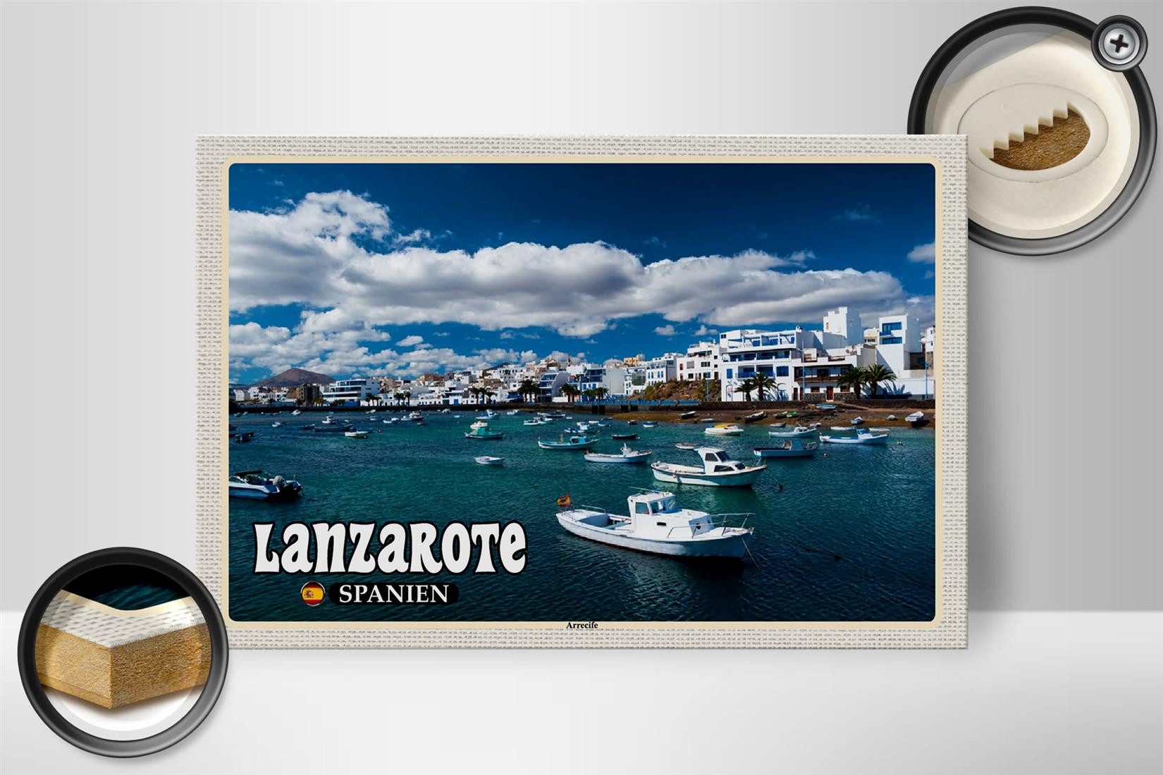 Femer GmbH Holzbild Reise 30x20cm Lanzarote Spanien Arrecife Stadt Meer, (1 St), Glatte Holzfaserplatte (MDF), vorn beschichtet