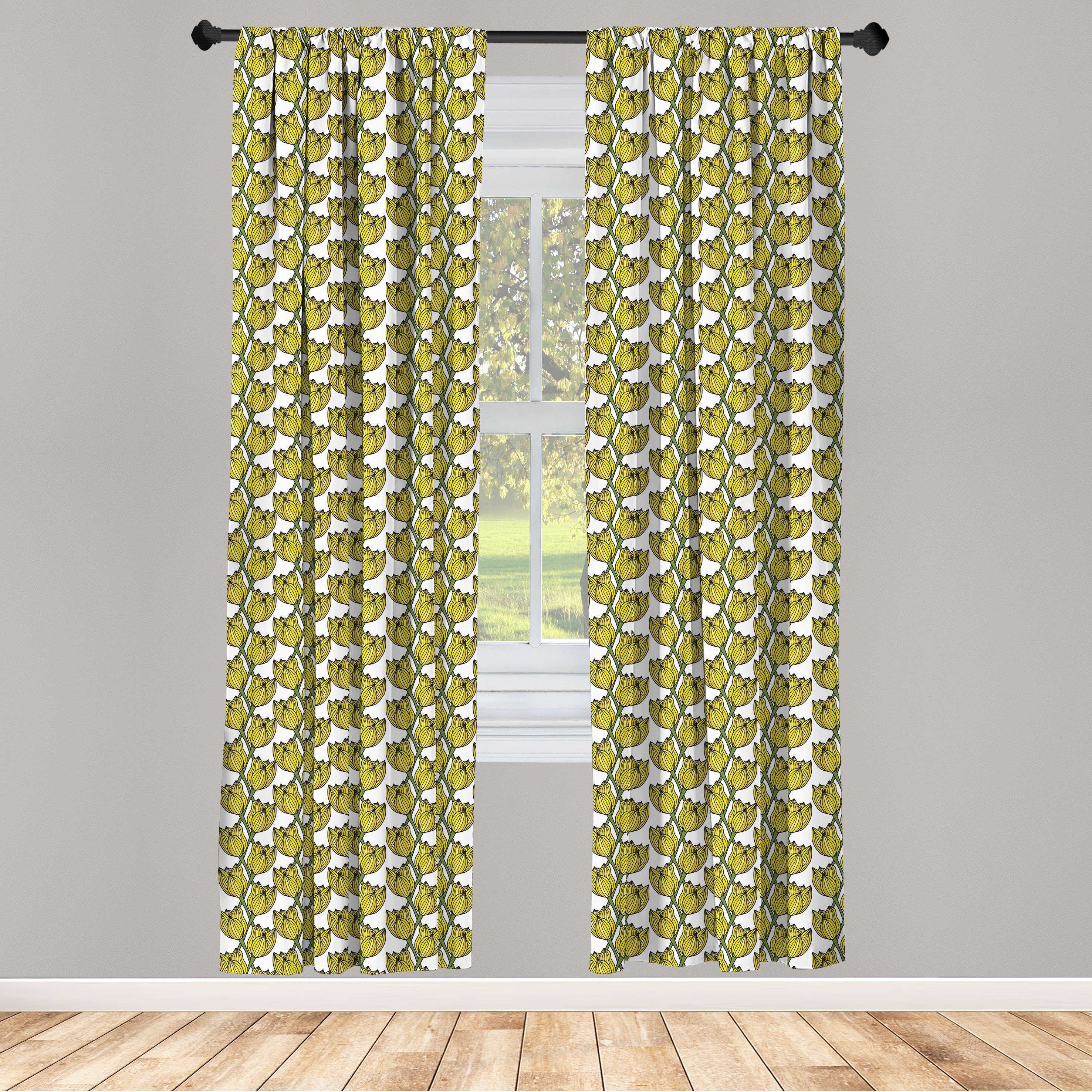 Gardine Vorhang für Wohnzimmer Grün Tulpe-Muster Dekor, Microfaser, und Gelb Abakuhaus, Schlafzimmer