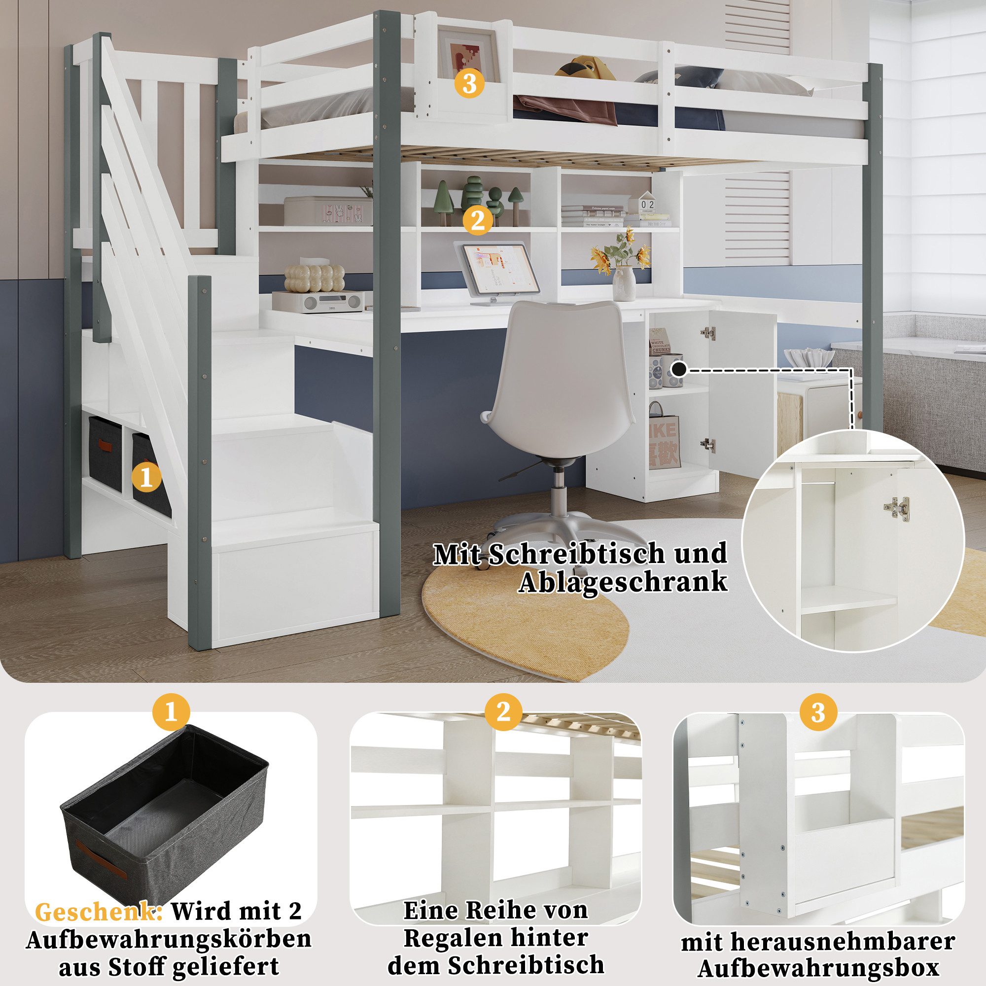 Flieks Hochbett Kinderbett 90x200cm mit Schreibtisch, Regal und Stauraumtreppe