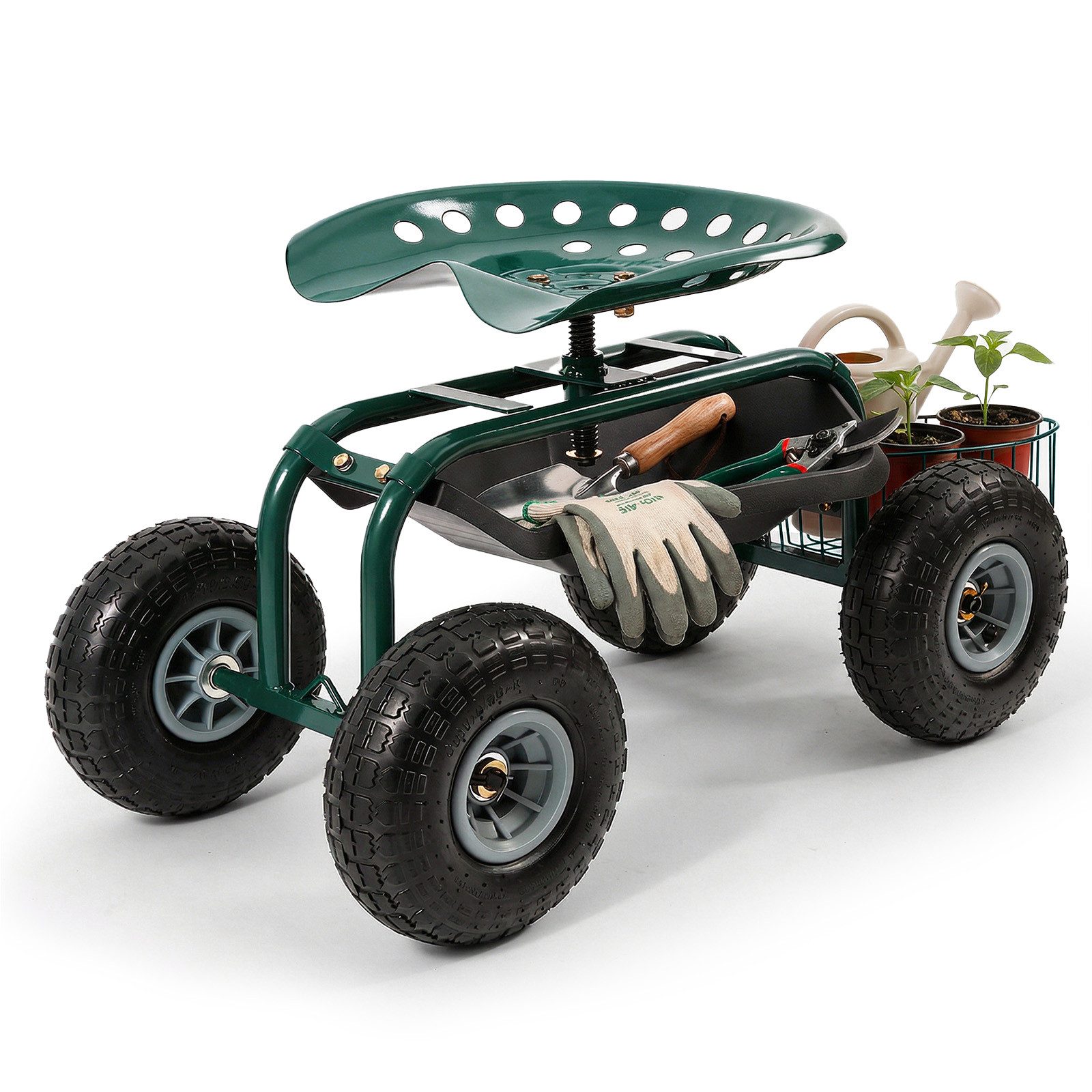 Sekey Kniebank Rollsitz Garten 360° drehbar mit Luftreifen Gartensitz Erntehilfe, Bis 180kg belastbar Gartenhocker mit Ablage für Beet Gewächshaus