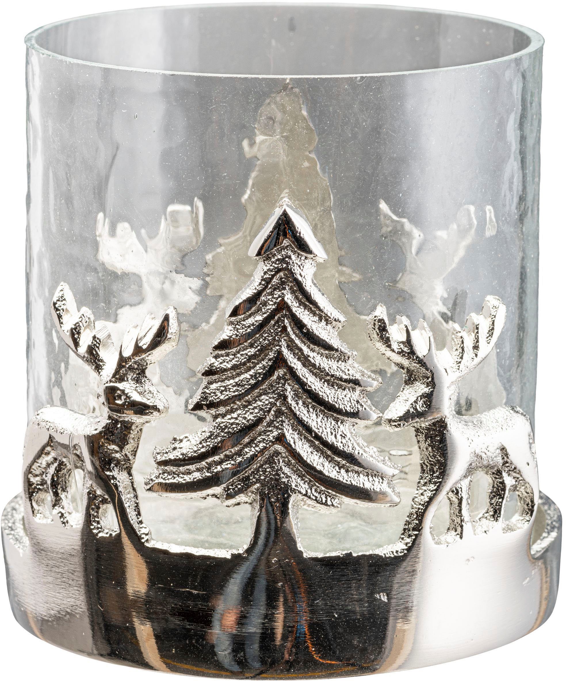 Reh St), 10 mit Windlicht Kerzenhalter Weihnachtsdeko Creativ 15 cm + home Baum Teelichthalter, silberfarben 2 und Höhe Hirsch und (Set, mit Tanne, Weihnachtslandschaft,