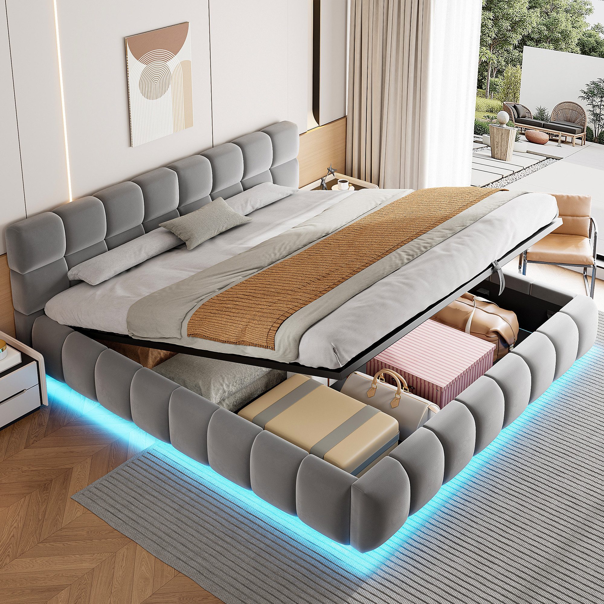 Merax Polsterbett mit LED-Licht & hydraulischem Stauraum (1-tlg), Doppelbett 180×200cm mit voluminösem Kopfteil, Mehrzweckbett, Samt