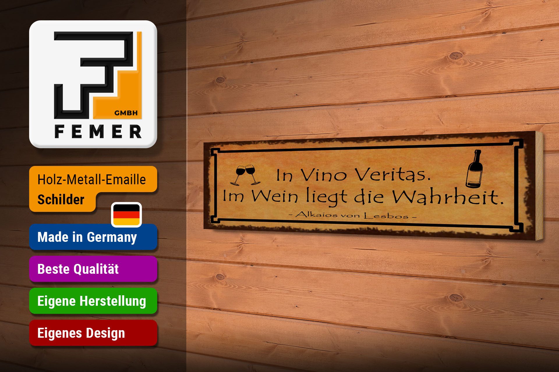 Femer GmbH Holzbild Spruch 46x10 cm In Vino Veritas Wein Wahrheit, (1 St), Glatte Holzfaserplatte (MDF), vorn beschichtet