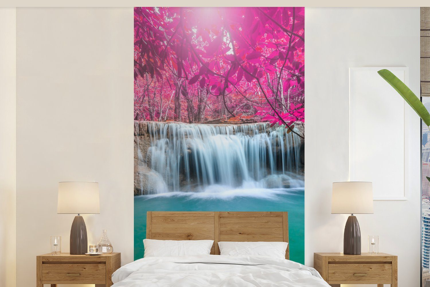 MuchoWow Fototapete Wasserfall - Baum - Rosa - Natur, Matt, bedruckt, (2 St), Vliestapete für Wohnzimmer Schlafzimmer Küche, Fototapete