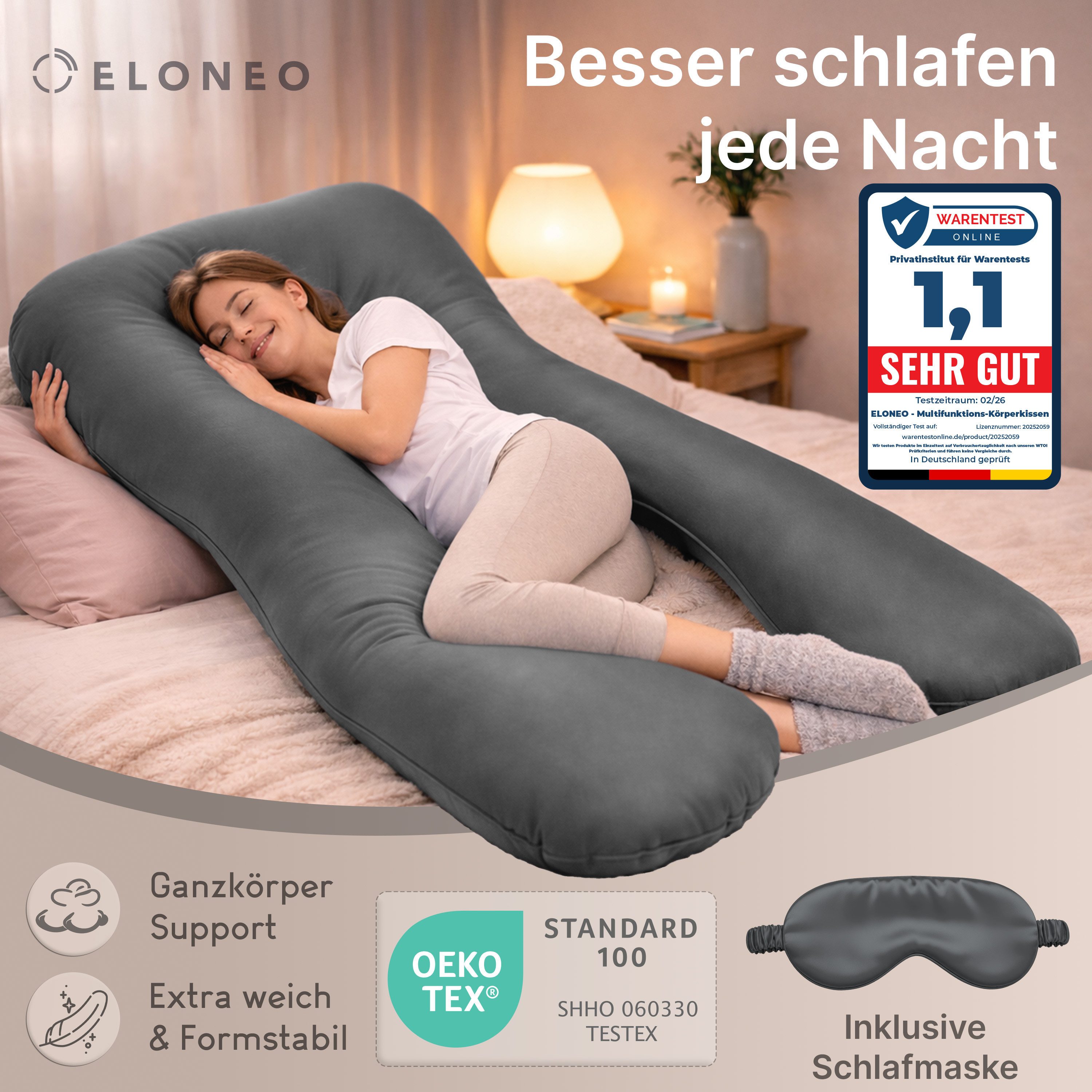 ELONEO Seitenschläferkissen XXL - Multifunktionskissen mit Bezug, formstabil, druckentlastend, bequem