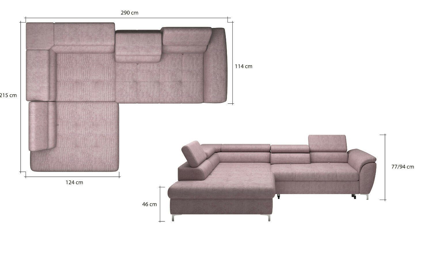 JVmoebel Textil Design Modern Polster Sofa L-Form Rosa Ecksofa, Ecksofa Bettkasten