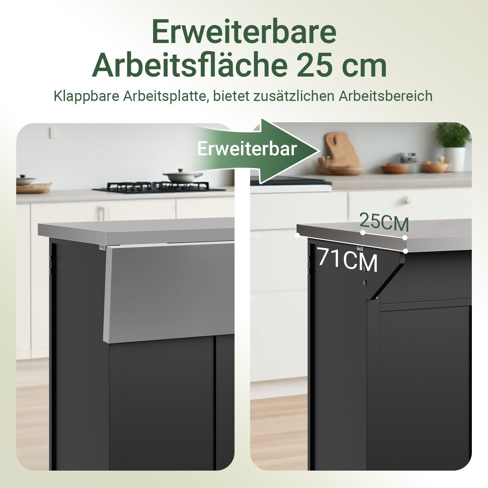 SoBuy Küchenwagen Servierwagen mit Rollen, Rollwagen, Barwagen, Küche, Esszimmer, Küchenschrank Kücheninsel mit erweiterbarer Arbeitsplatte, mit 2 Türen
