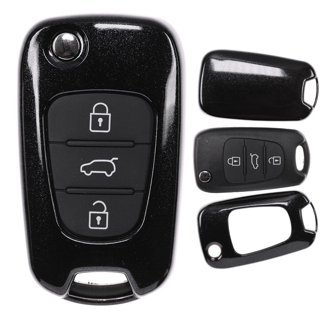 mt-key Schlüsseltasche Autoschlüssel Hardcover Schutzhülle Metallic Schwarz, für Hyundai i30 ix20 ix35 Kia Soul Sportage Ceed Klappschlüssel