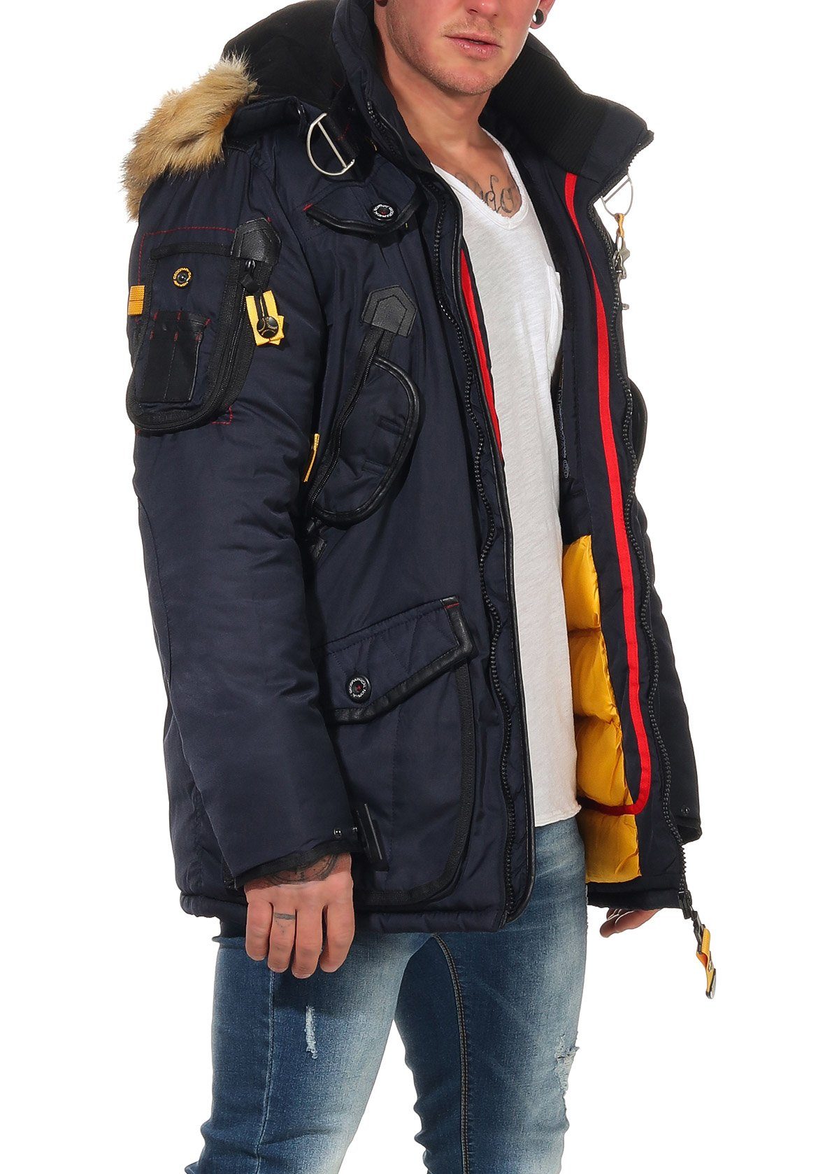 Geographical Norway Winterjacke Herren Multifunktionsparka mit modischem Design in Unifarbe, mit abnehmbarer Kapuze, mit zahlreichen Außentaschen