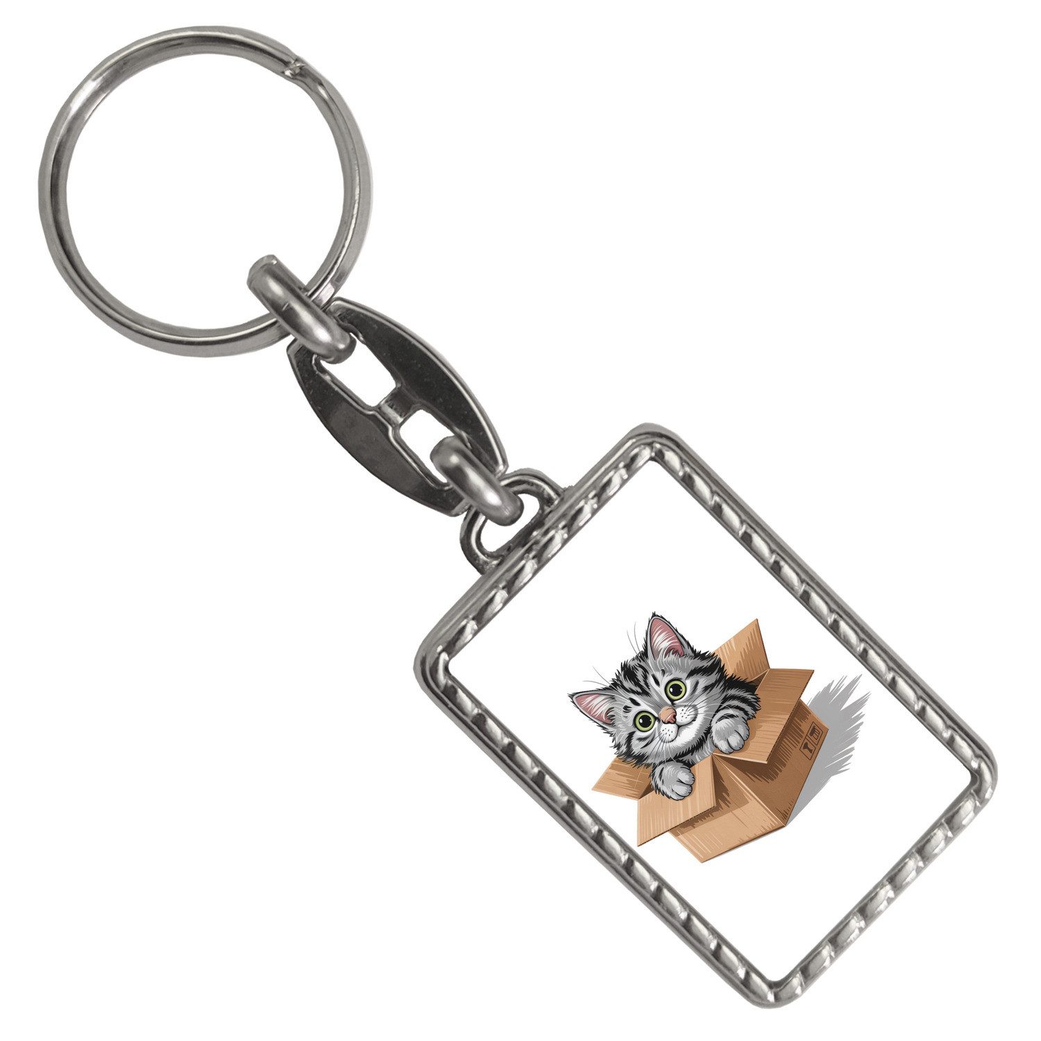 Schlüsselanhänger Katze im Karton Schlüsselanhänger mit Bordüre für Katzenfans