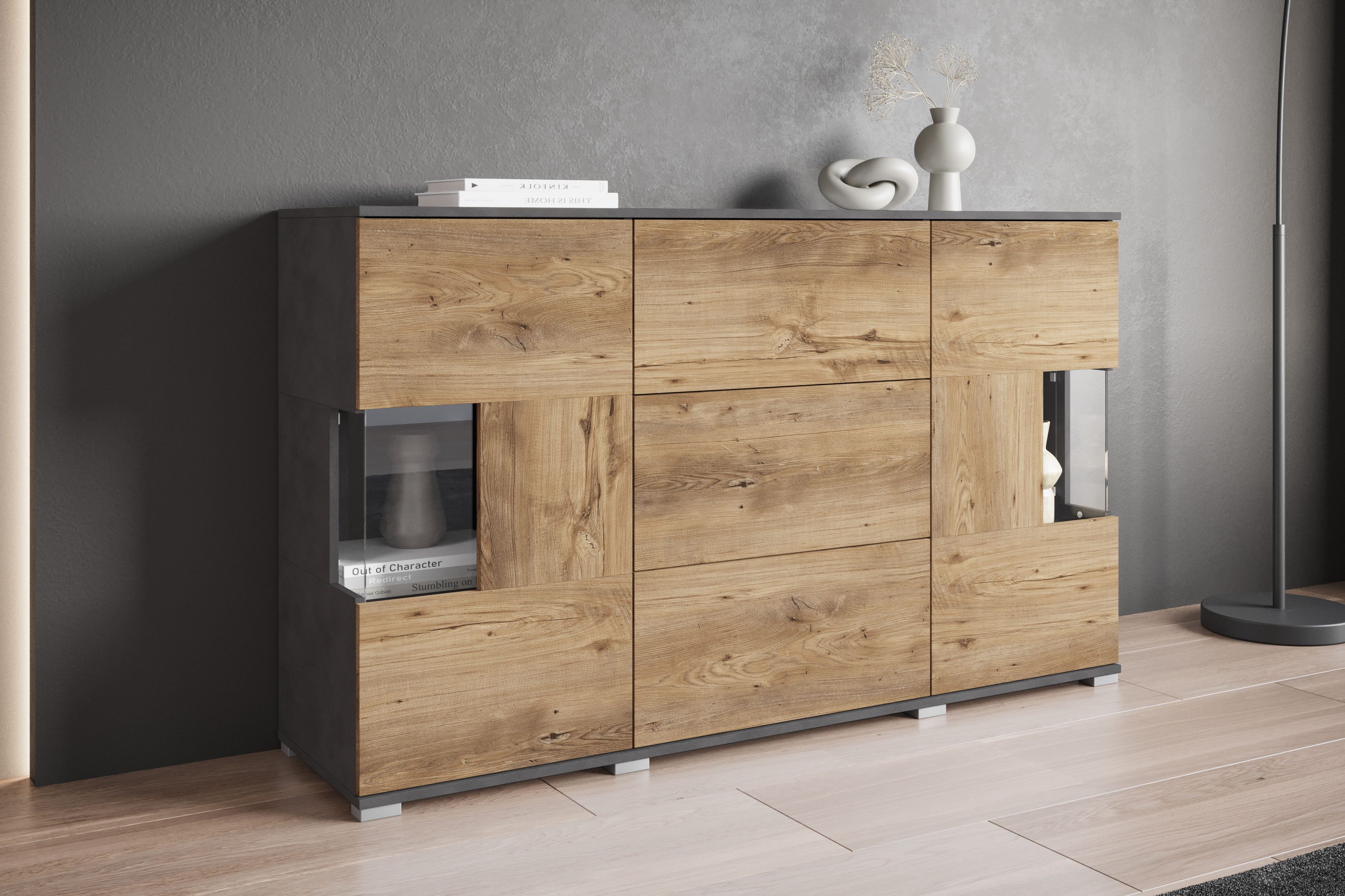 OTTO home Sideboard Kenia (1 St), Sideboard mit 3 Schubladen, 6 Fächern, Glastüren, Breite 150 cm