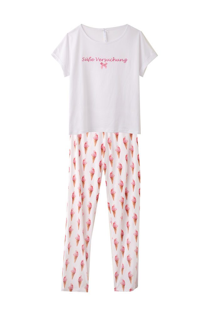 Schlafanzug Louis&Louisa Damen Pyjama Basic Süße Versuchung Weiß allover