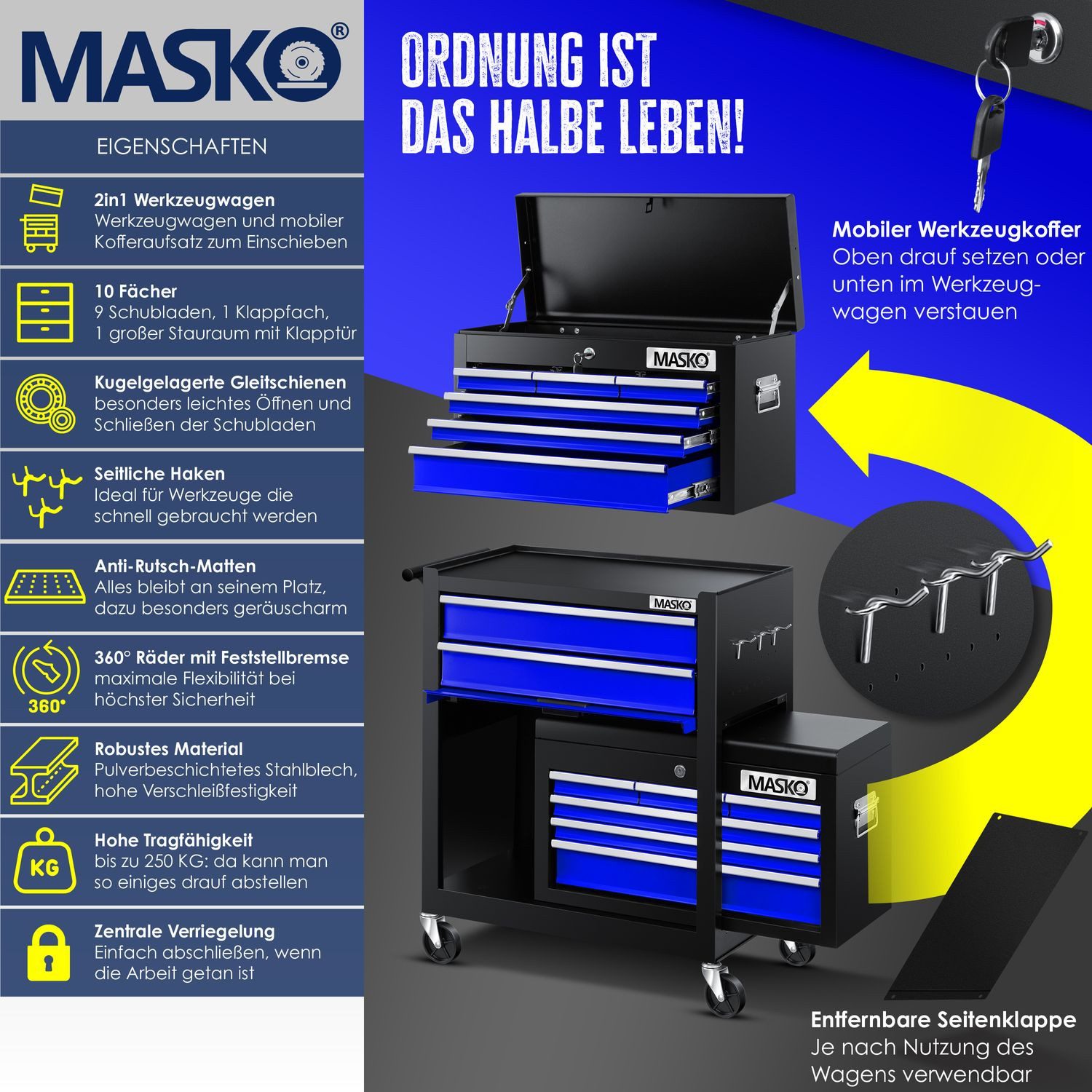 MASKO Werkstattwagen, blau, Werkzeugwagen inklusive Koffer günstig online kaufen