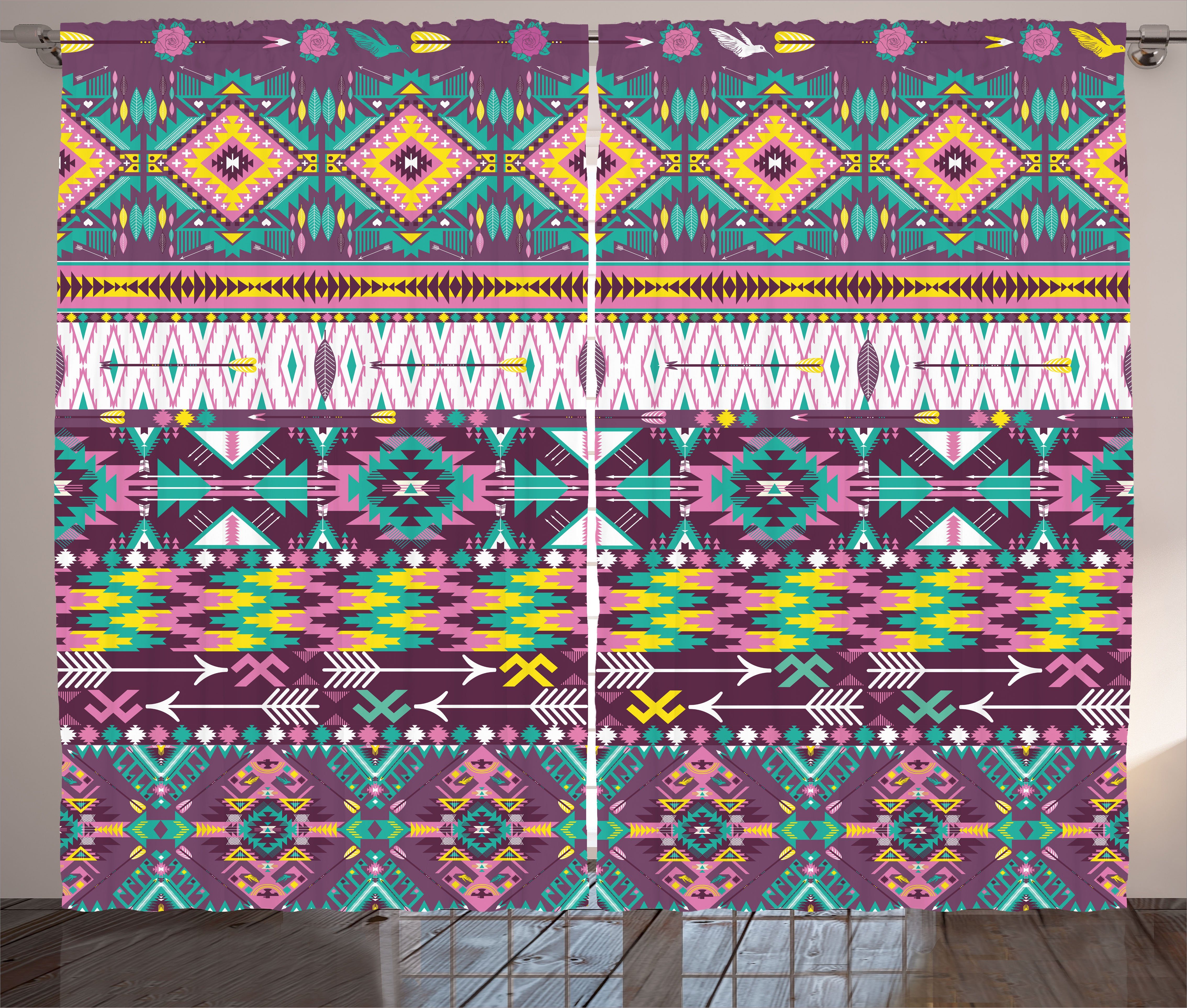 Gardine Schlafzimmer Kräuselband Vorhang mit Schlaufen und Haken, Abakuhaus, Stammes Kunst | Fertiggardinen