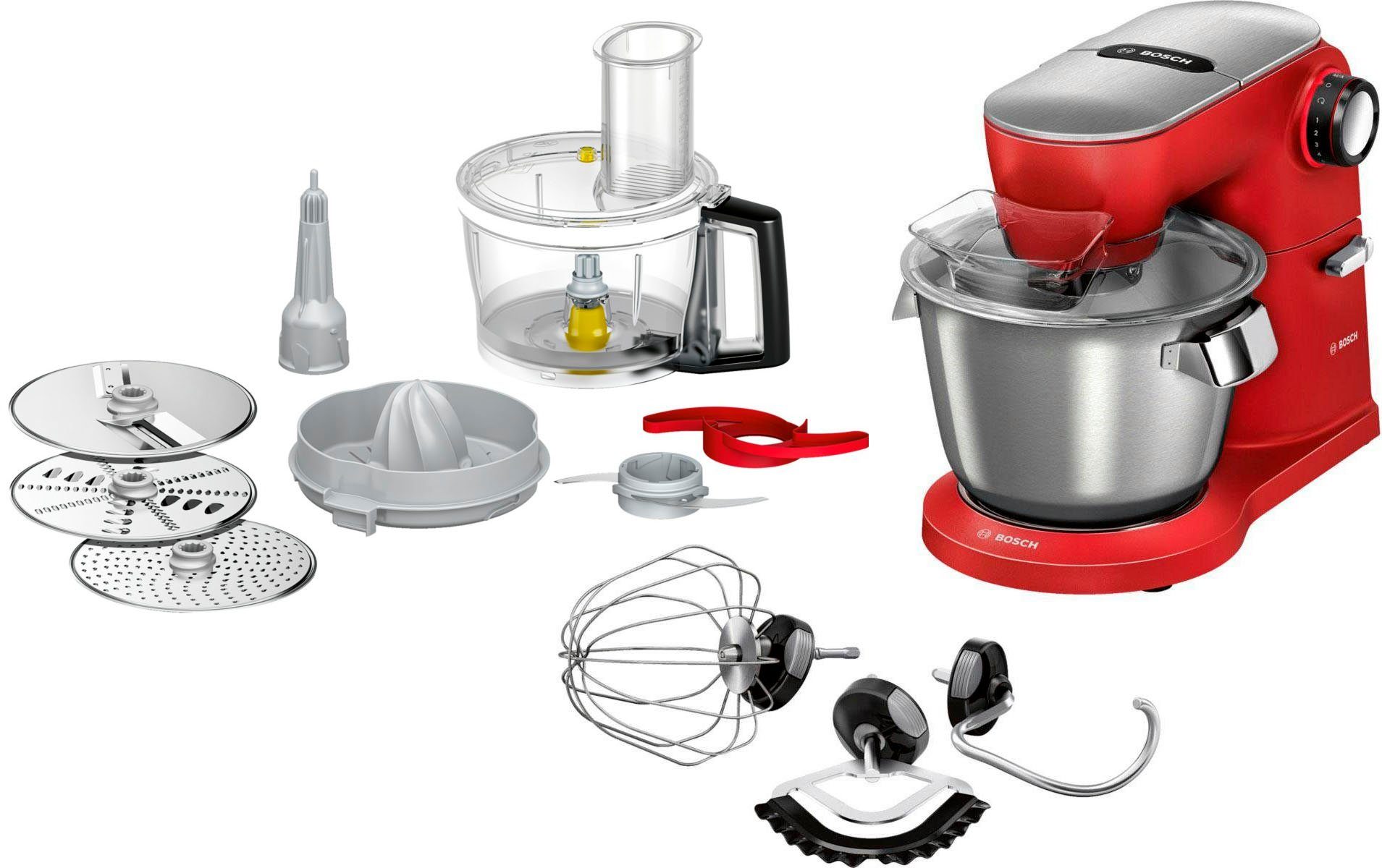 BOSCH Küchenmaschine Serie 8 MUM9A66R00, Knethaken/Rühr-/Silikonbesen spülm.fest, rot, 1600 W, 5,5 l Schüssel, Gratis Mixaufsatz Lifestyle Set VeggieLove Plus Wert: UVP € 94,99