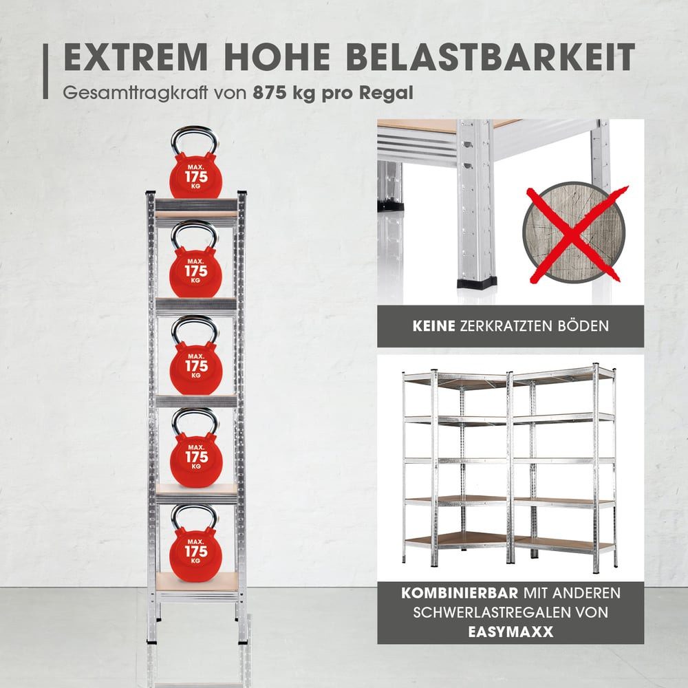 EASYmaxx Schwerlastregal 180x40x40 cm, 875 kg Traglast, 175 kg pro Ebene, 1-tlg., Kellerregal Lagerregal, 5 verstellbare Ablagen