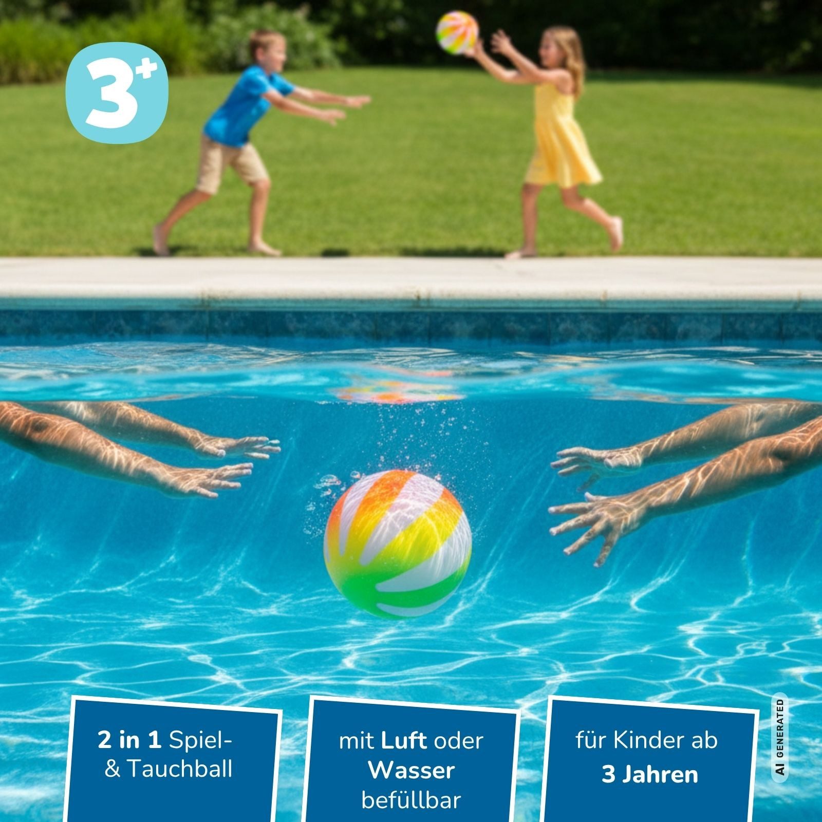 alldoro Wasserball Ø 20 cm mit 2 in 1 Funktion als Spielball und Unterwasserball nutzbar, Poolspielzeug für actionreichen Spielspaß im, über und unter Wasser