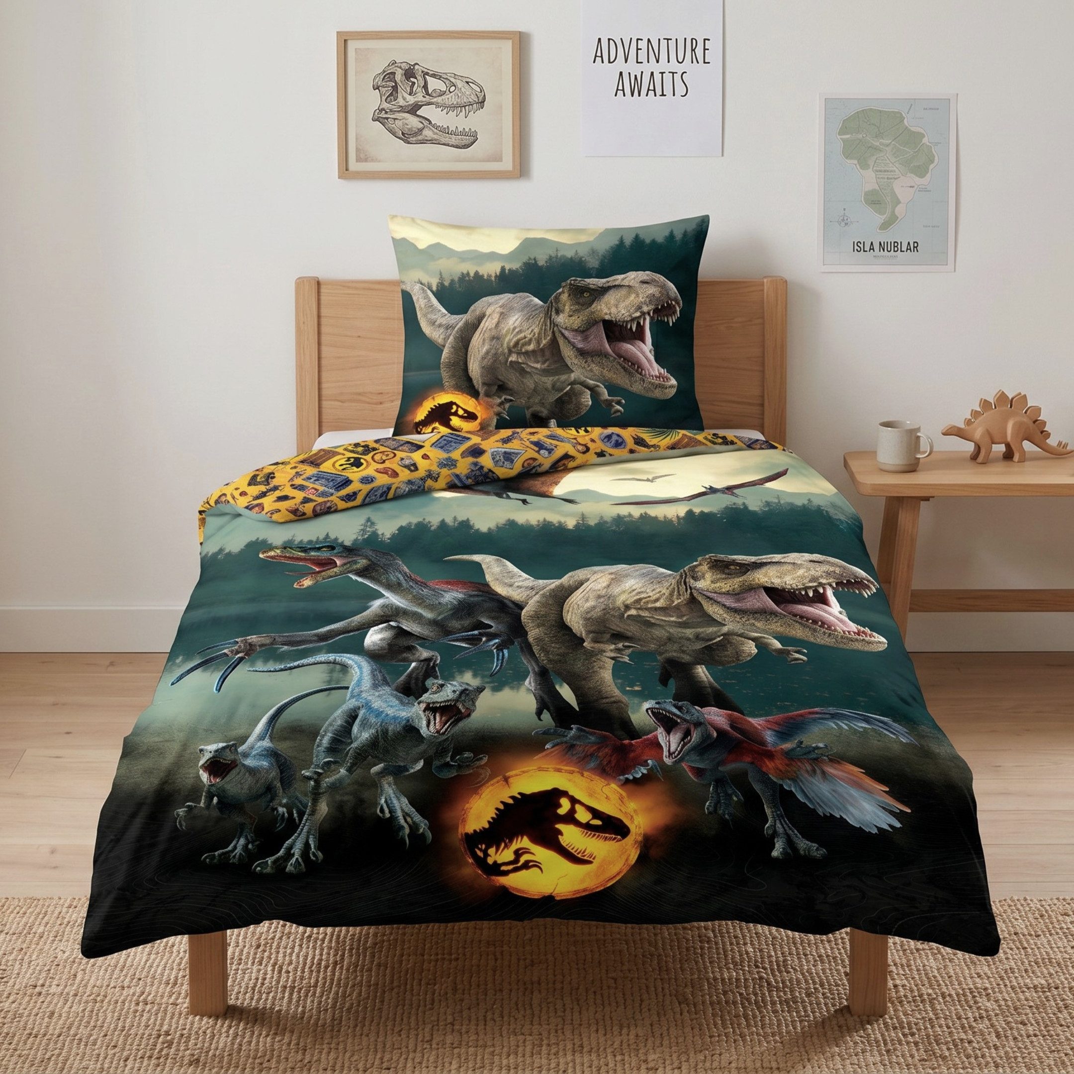 MTOnlinehandel Bettwäsche Jurassic World Dinosaurier 135x200 + 80x80 cm, 100 % Baumwolle, Renforcé, 2 teilig, Dino JW: Ein neues Zeitalter Kinder- und Teenagerbettwäsche