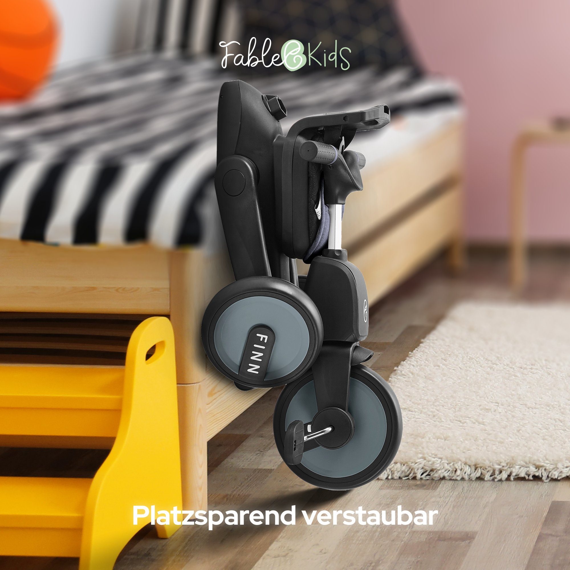 FableKids Dreirad FİNN 7in1 Kinderdreirad Kinder Fahrrad Baby Kinderwagen, ab 18 Monaten, Elternlenkung, Verdeck, 360° Sitz