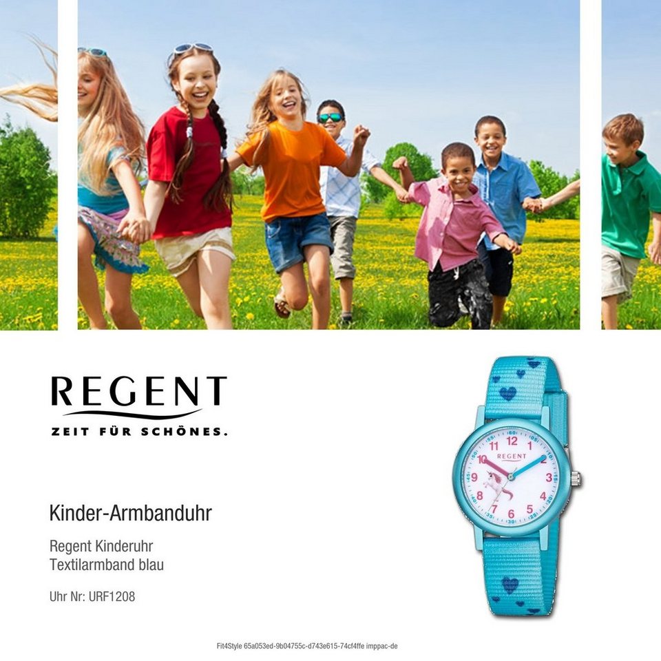 Regent Quarzuhr Regent Textil Kinder Uhr F-1208 Analog, Kinderuhr  Textilarmband blau, rundes Gehäuse, klein (ca. 29mm)