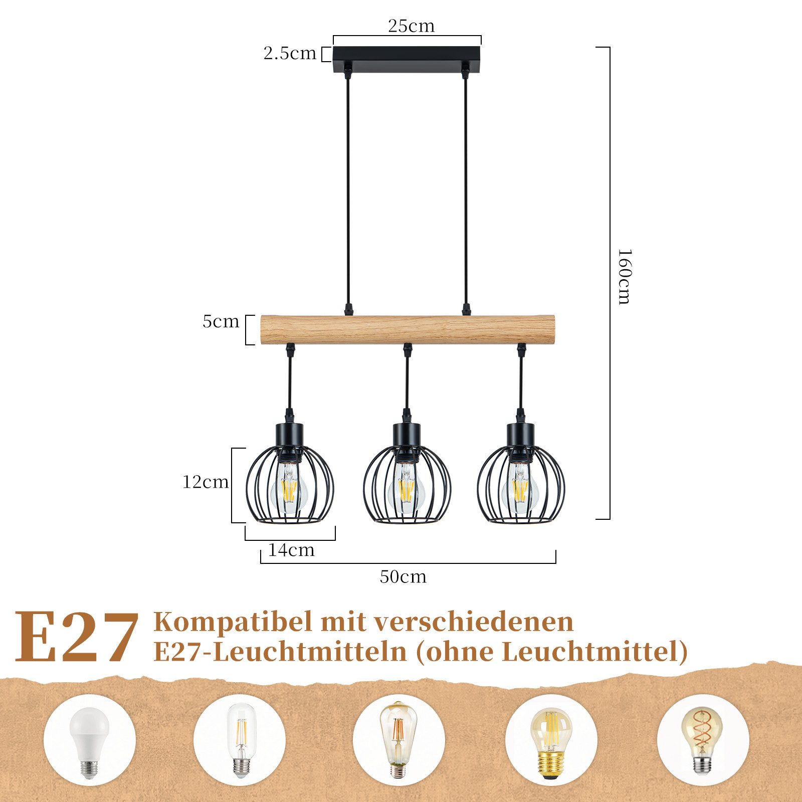 Nettlife Pendelleuchte Vintage 3/4 flammig schwarz Hängelampe aus Holz im Industrial Design, ohne Leuchtmittel, Retro Hängeleuchte für Esstisch Küche Wohnzimmer Bar Eisen