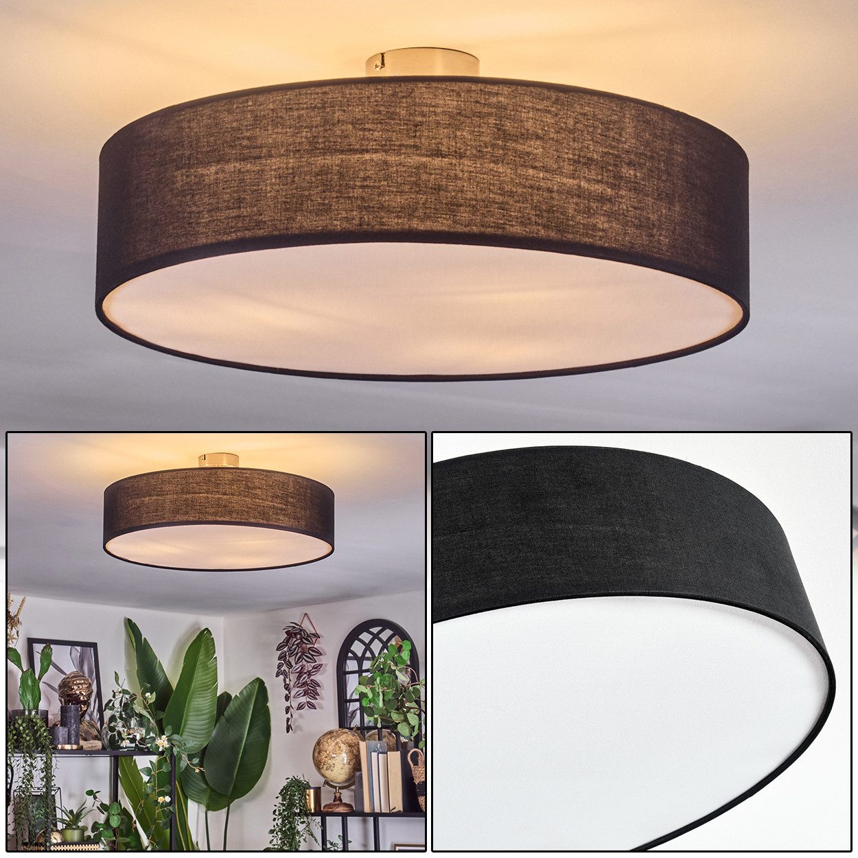 hofstein Deckenleuchte Deckenlampe aus Metall/Stoff/Kunststoff in Nickel-matt/Schwarz/Weiß, ohne Leuchtmittel, runde Leuchte im modernen Design (50cm), E27