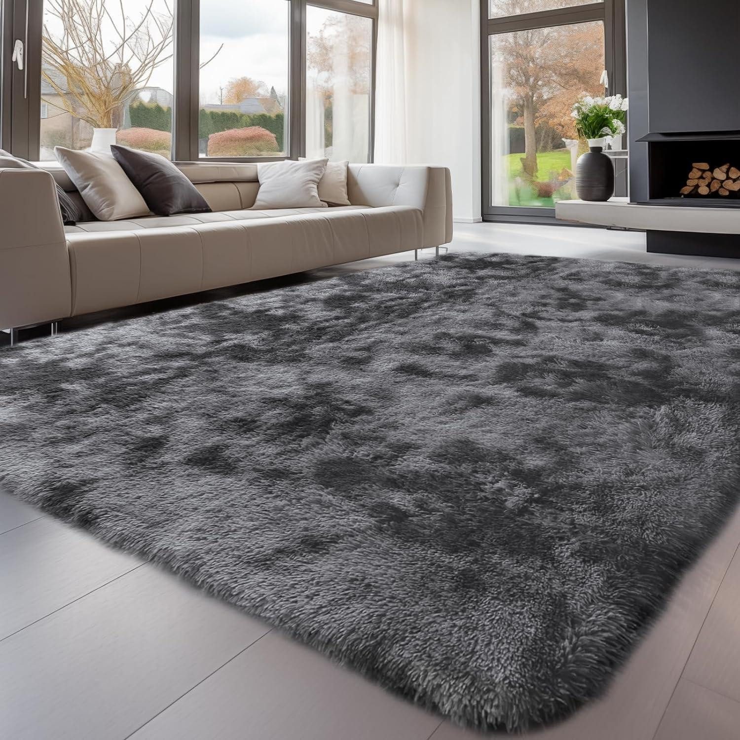 LuxusKollektion Hochflor-Teppich Teppich Hochflor grau Batik Dunkelgrau 240 x 340 cm (Rechteckig)