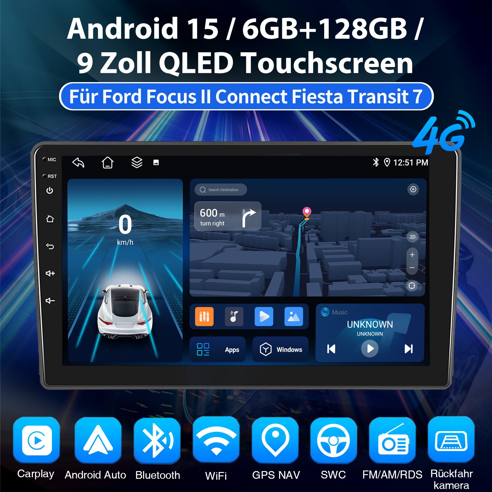 ESSGOO DAB+ Android 15 Für Ford Focus Transit MK7 Fiesta Kuga GPS NAVI 6+128G Autoradio (RDS, 6GB+128GB, 4G LTE, FM, AM, DAB+ (optional), Drahtlos Carplay und Android Auto. Zoll Octa-Core)