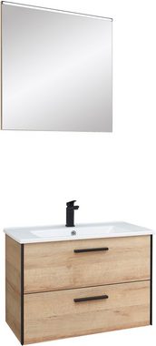 Saphir Badmöbel-Set Quickset 395 2-teilig, Keramik-Waschtisch mit LED-Spiegel, 75 cm breit, (2-St), Waschplatz mit 2 Schubladen, Riviera Eiche quer Nachbildung, Bad-Set