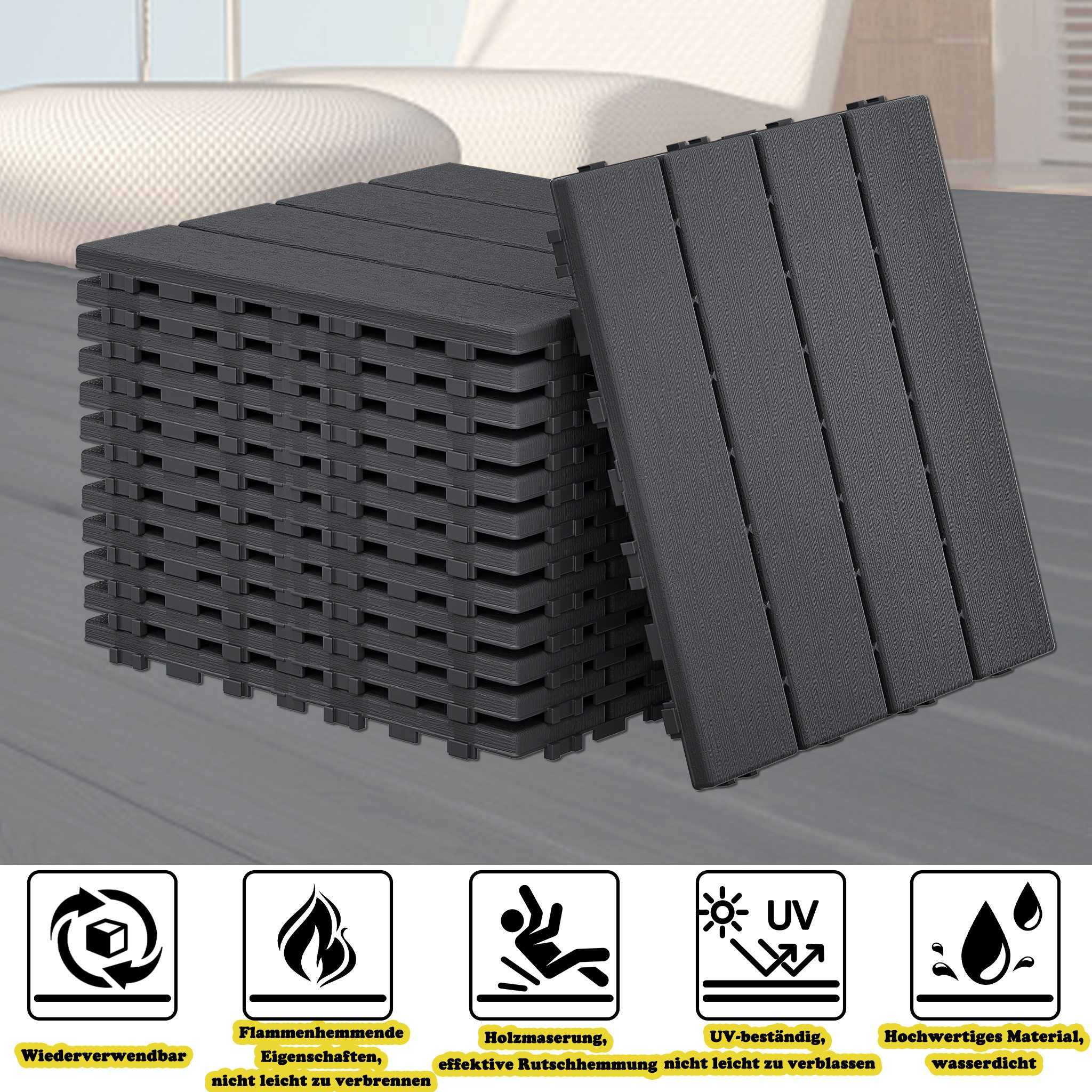 FIVMEN Terrassendielen Balkonfliesen 30x30cm, Terrassenfliesen in Holzoptik, (11-St., Bodenbelag für Balkon, Terrasse, Außenbereich, Dunkelkaffee), Wasserfeste Gartenfliesen Kunststoff mit Klick-System