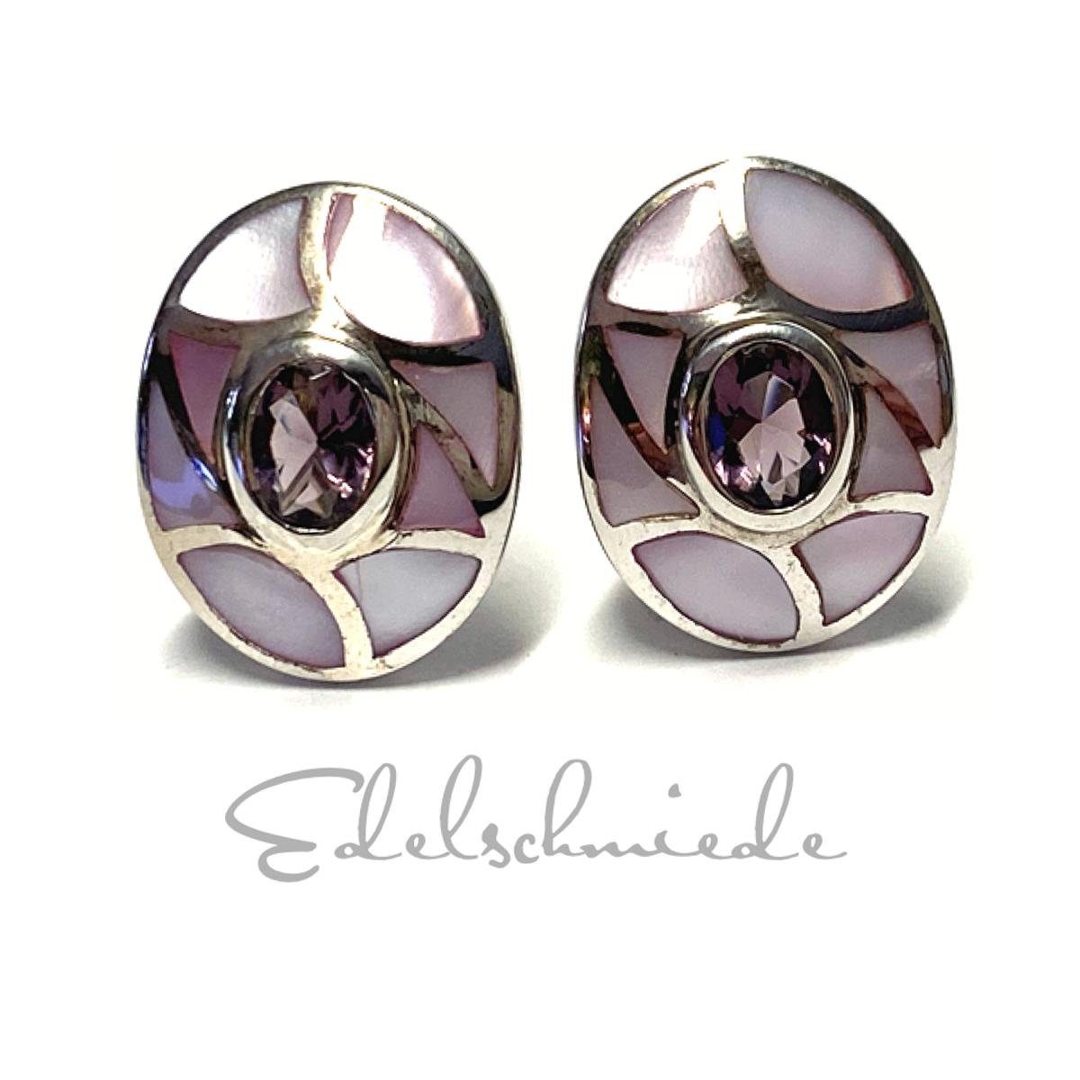 Edelschmiede925 Paar Ohrstecker Ohrring 925/- Sterling Silber rhodiniert  Perlmutt Intarsien rosa / (k. A)