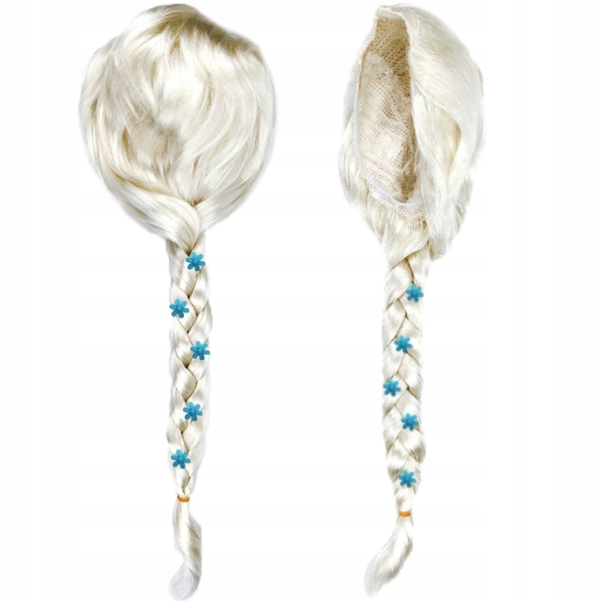 Hopki Kostüm-Perücke Blonde Elsa/Rapunzel Perücke mit Zopf, Blumen & Netz für Kinder, 73 cm
