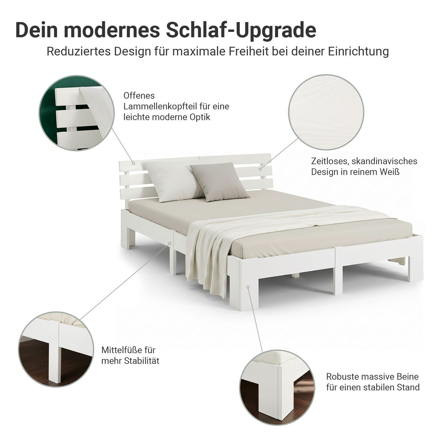 Homestyle4u Massivholzbett 90x200 120x200 140x200 160x200 180x200 Doppelbett Kopfteil Lattenrost (Set, mit Lattenrost, Weiß), 160x200, modern, stabil