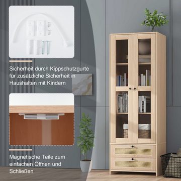 Merax Vitrine mit Türen und Schubladen, Anrichte Rattan, Highboard Landhaus, H:170cm