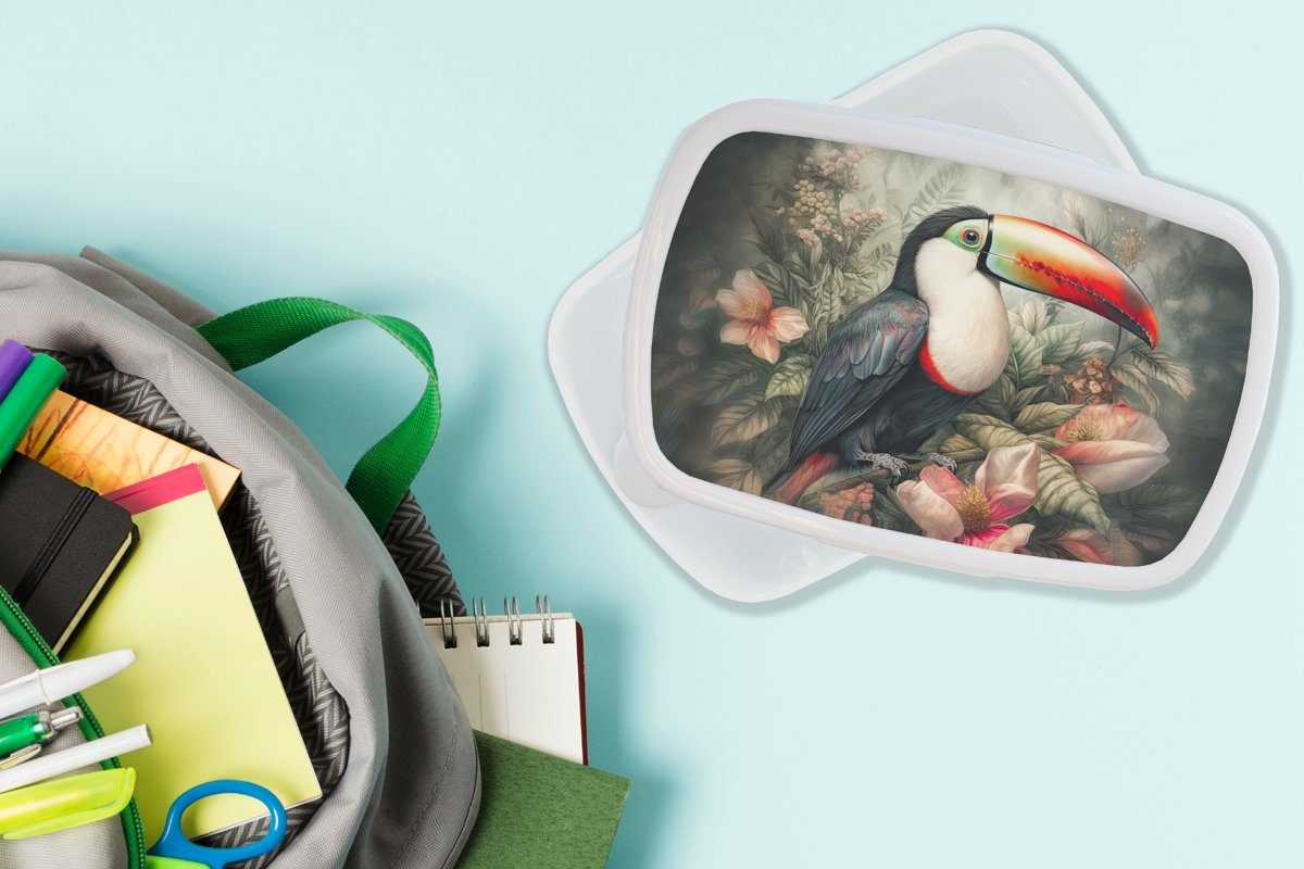 MuchoWow Lunchbox Jungs und Tropisch, Mädchen Brotdose, Brotbox und - Pflanzen (2-tlg), für - - Erwachsene, Kinder - Blumen weiß Vögel Kunststoff, Tukan für