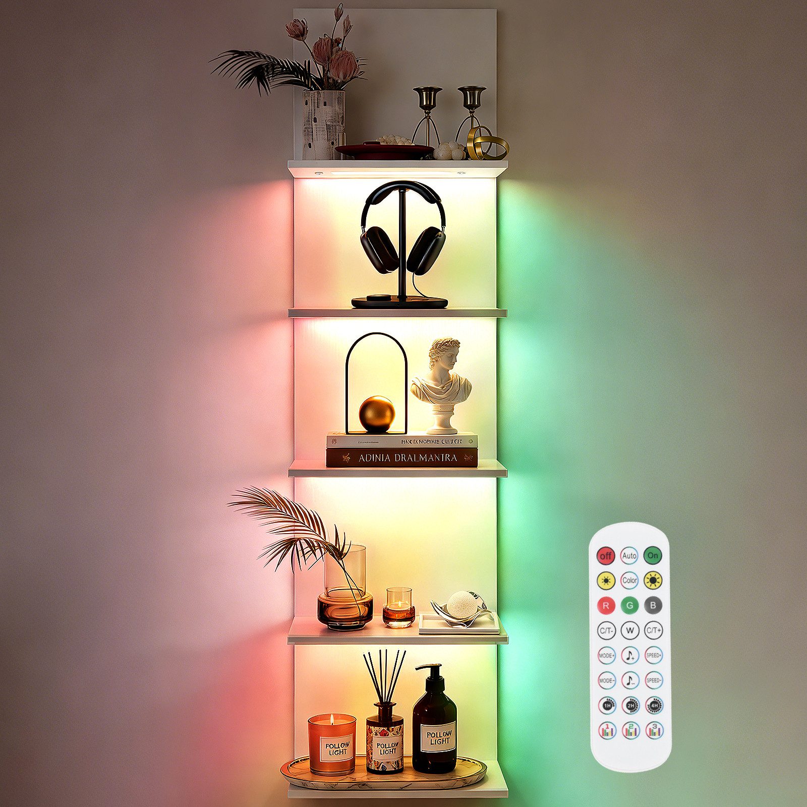 XIIW Wandregal RGB+IC Beleuchtung Holz Schweberegal 5Ebenen Pflanzenregal Bücherregal, + Fernbedienung für Schlafzimmer Wohnzimmer
