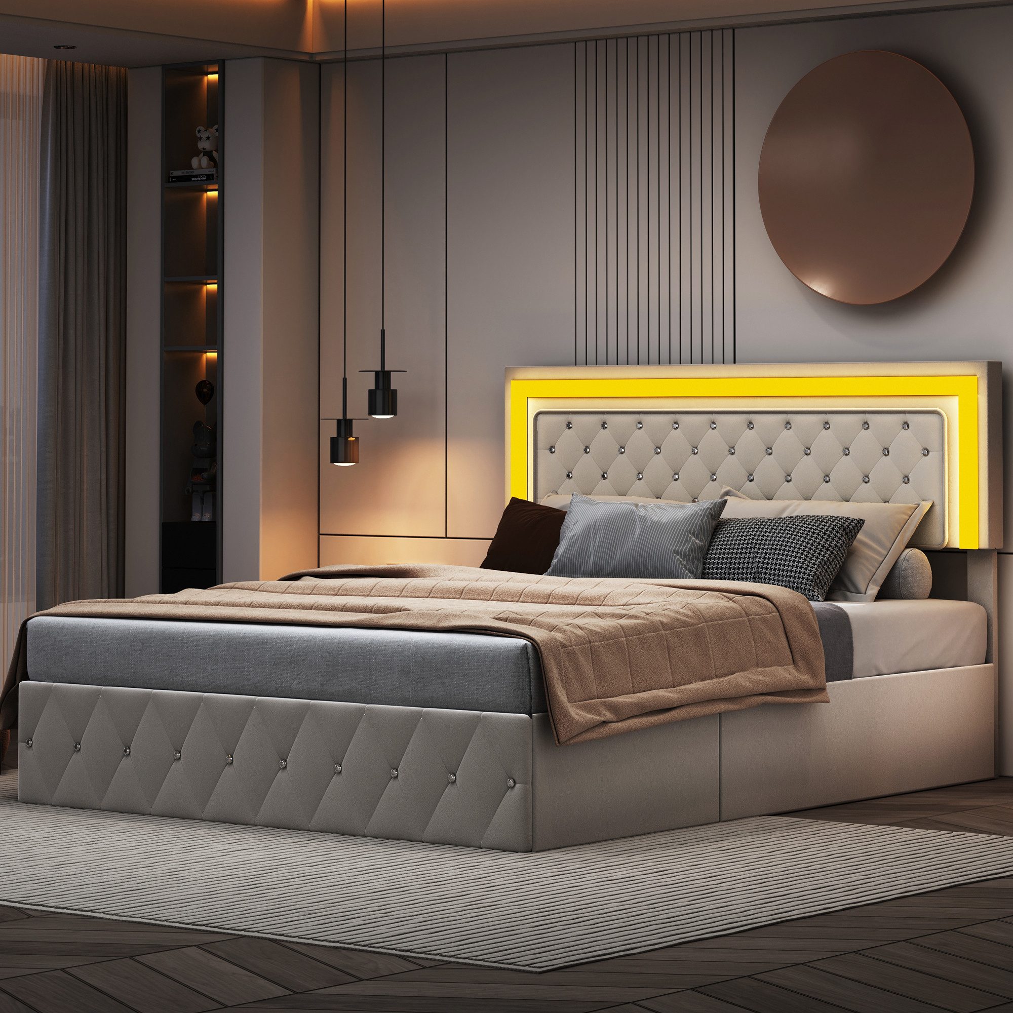 Simurq Polsterbett Boxspringbett 140x200,Polsterbett,140x200 Bett mit Untergestell,Beige (1-tlg, Stauraumbett mit Bettkasten und Kopfteil), Lattenrost,Samt