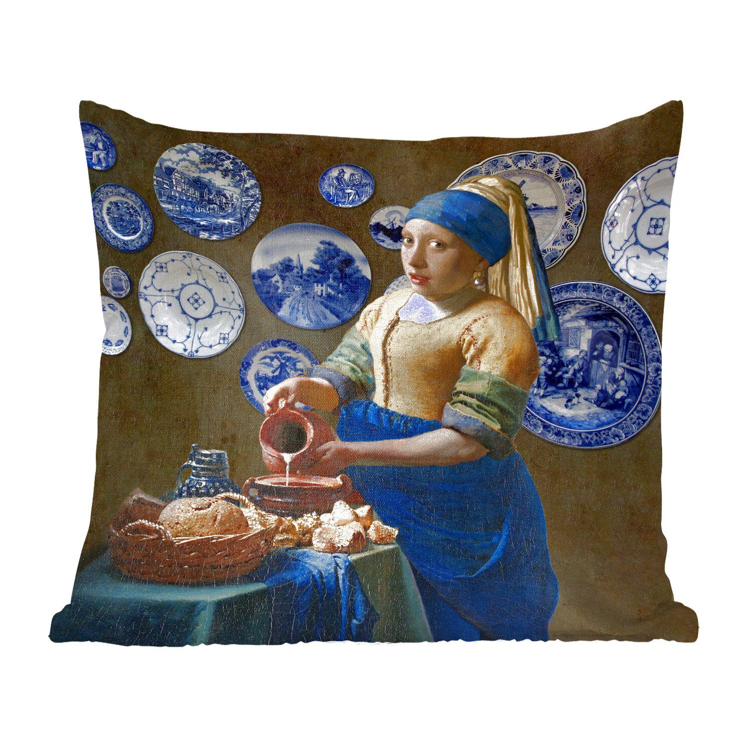 MuchoWow Dekokissen Milchmädchen - Das Mädchen mit dem Perlenohrring - Vermeer, Zierkissen mit Füllung für Wohzimmer, Schlafzimmer, Deko, Sofakissen