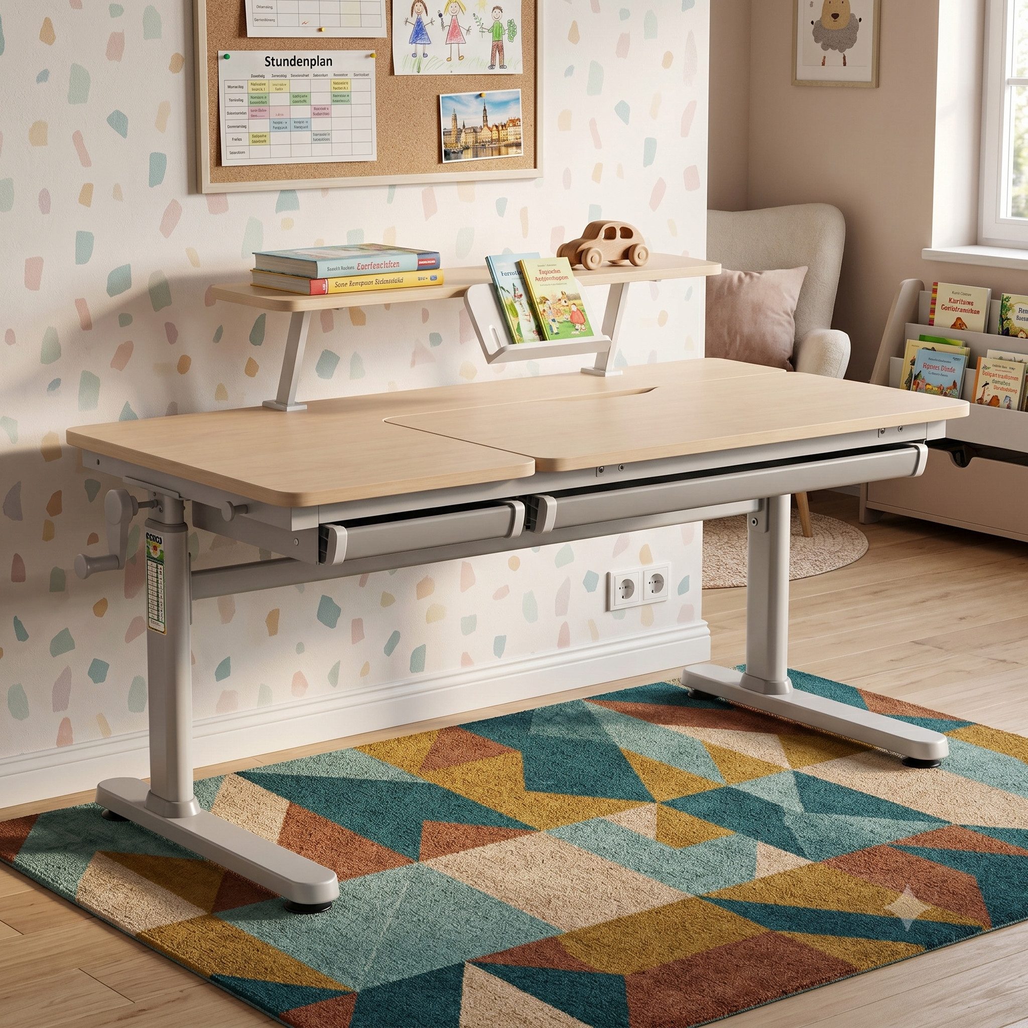 HOKO Kinderschreibtisch höhenverstellbar mit 90x20 cm Aufsatz (Kinderschreibtisch, 1-St., mit 80x40 cm neigbarer Tischplatte, Buchstütze und 2 Schubladen), 120x60 cm Arbeitsfläche, für Kinder ab 6, Holzoptik, CELIN & ALVO