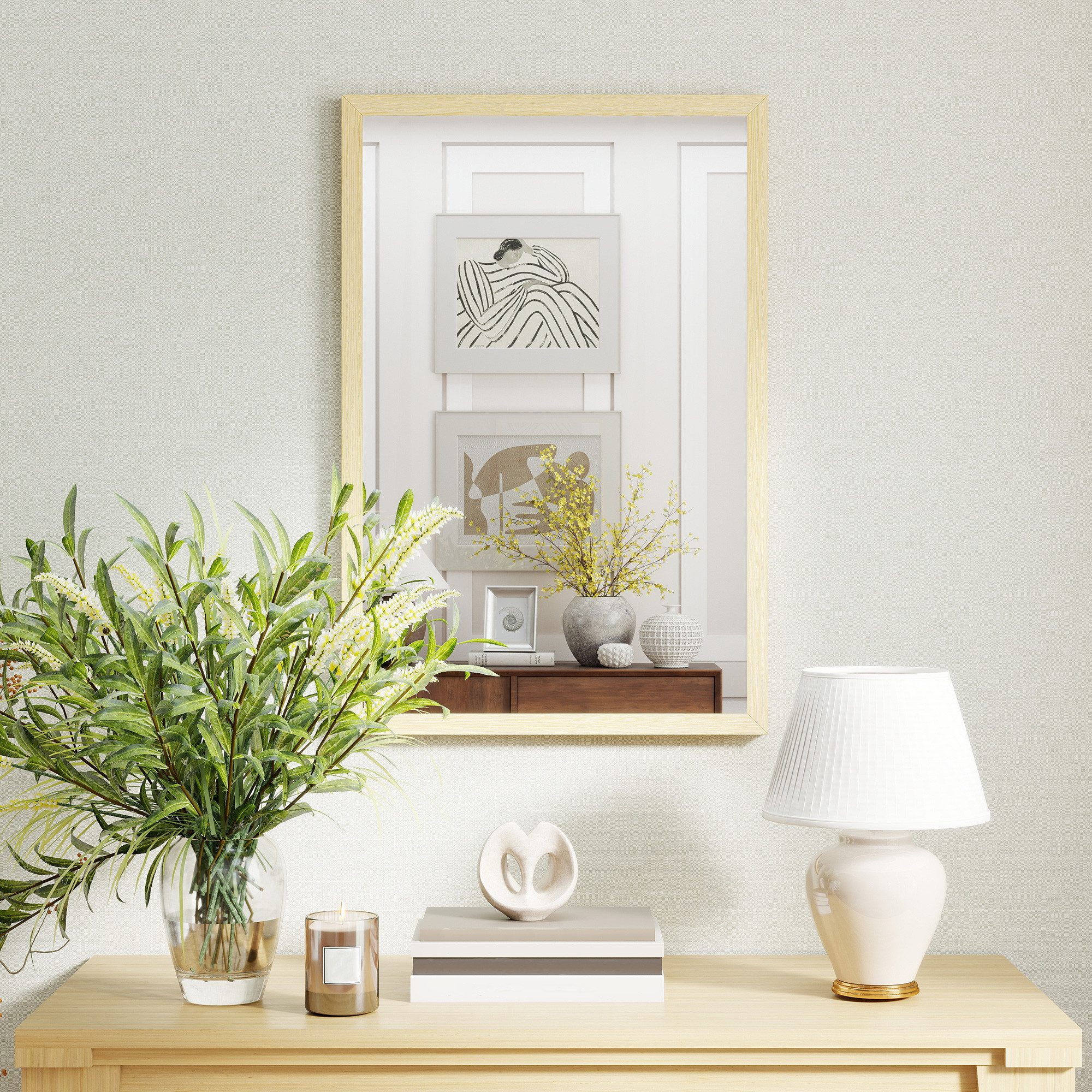 HOMCOM Wandspiegel Rechteckig Spiegel Dekorativ 40 x 60 cm (Badezimmerspiegel, 1-St., Dekorativer Hängespiegel), für Schlafzimmer Badezimmer Wohnzimmer Flur Naturholz