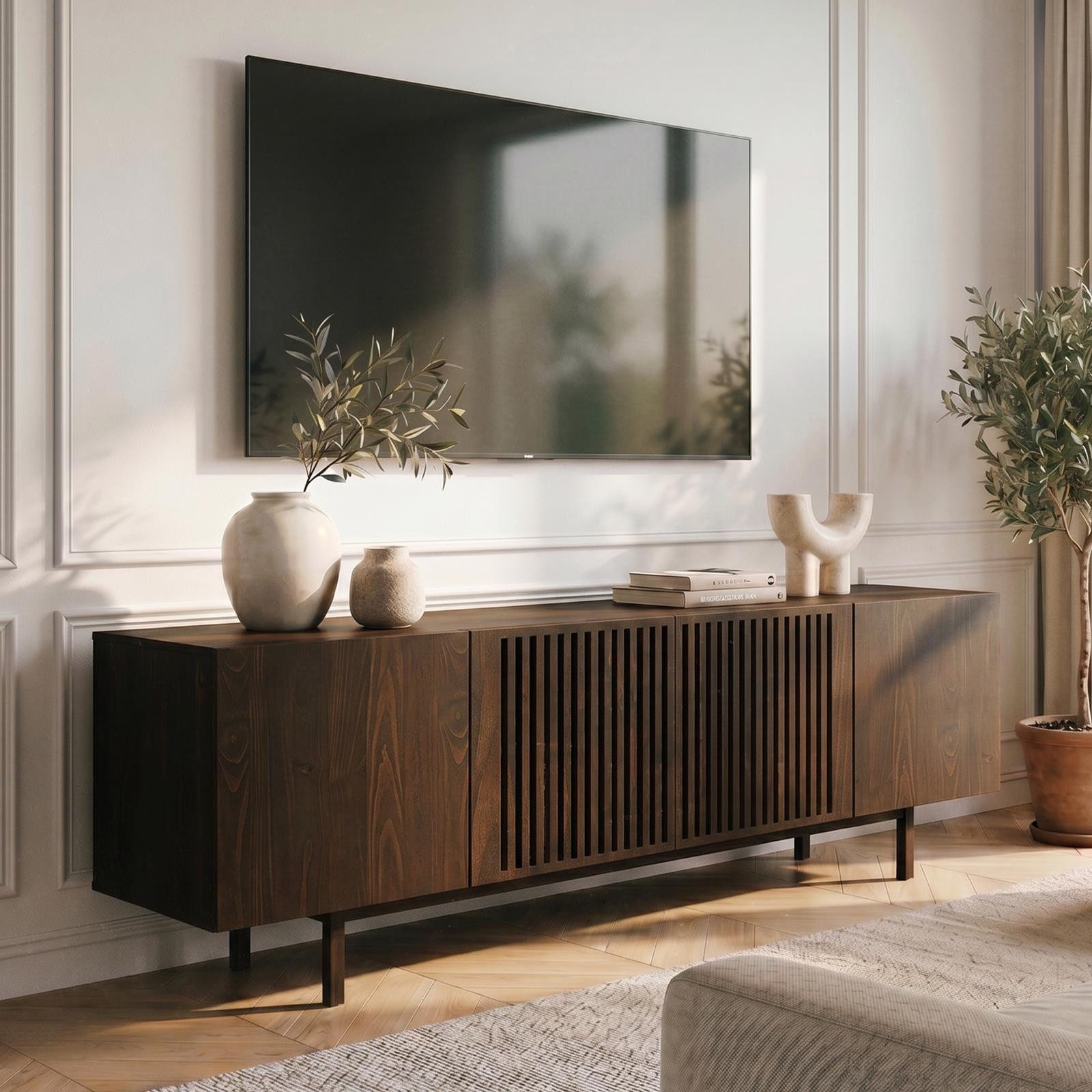 IDIMEX Lowboard LINN, Sideboard 180 cm aus Massivholz mit Lamellentüren Nussbaum Finish