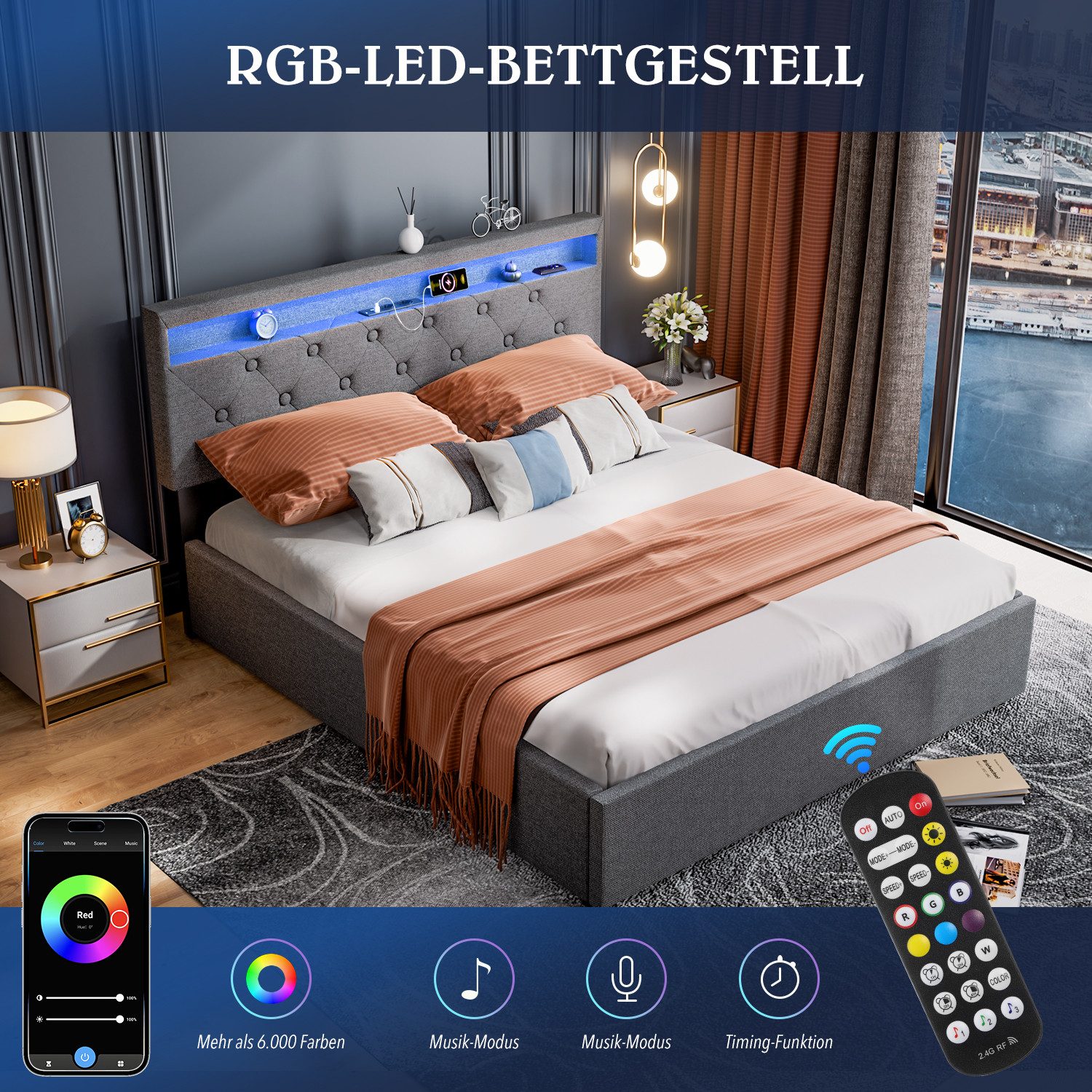 oyajia Polsterbett Doppelbett mit LED Licht 140x200cm,Hydraulisch anhebbare günstig online kaufen