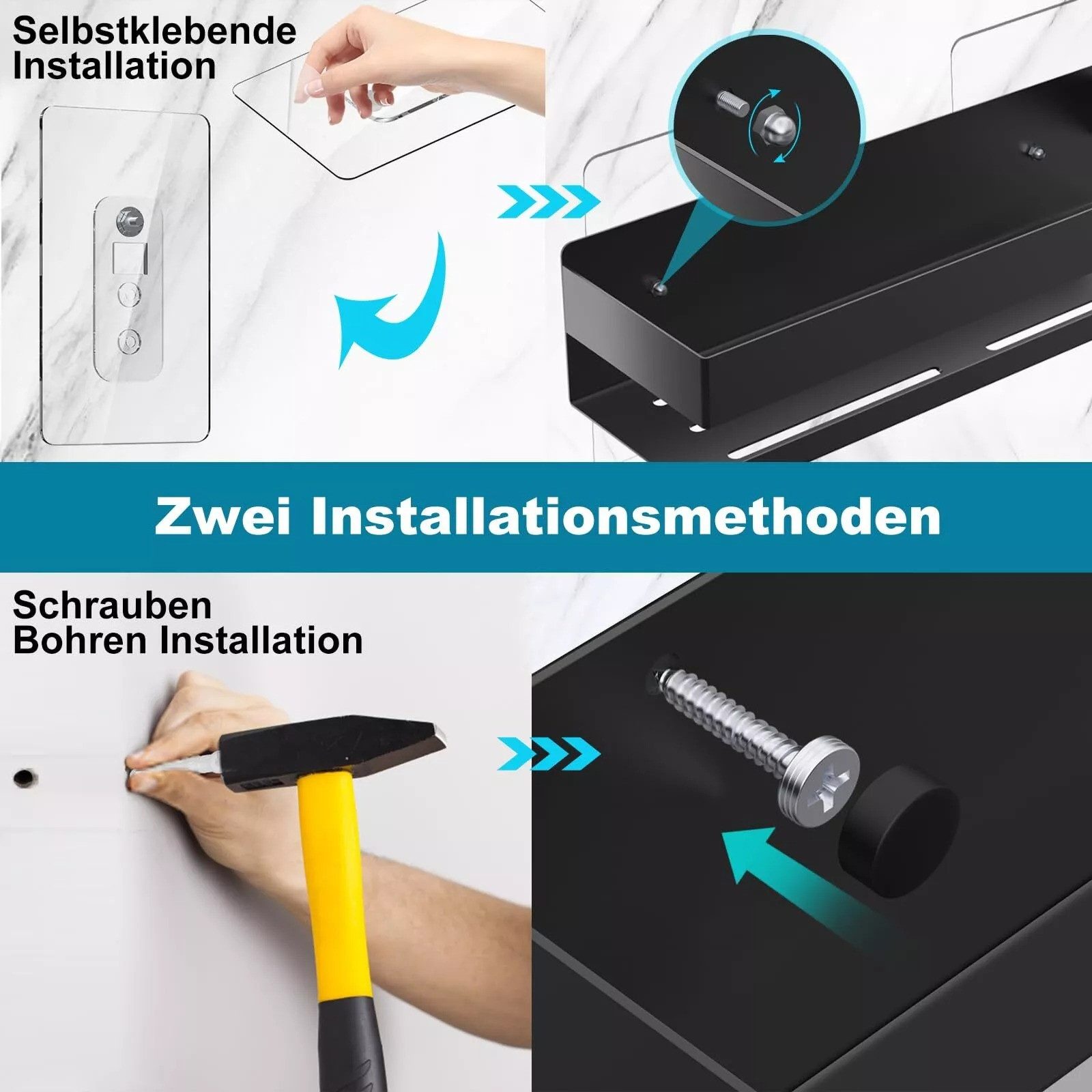 ZcScoery Duschregal Duschablage Edelstahl Schwarz, ohne Bohren, Badregal Set 2-teilig, Duschablagen-Set aus Edelstahl für Bad & Küche, bohrfrei, Rostfrei, selbs – Bild 4 von 5