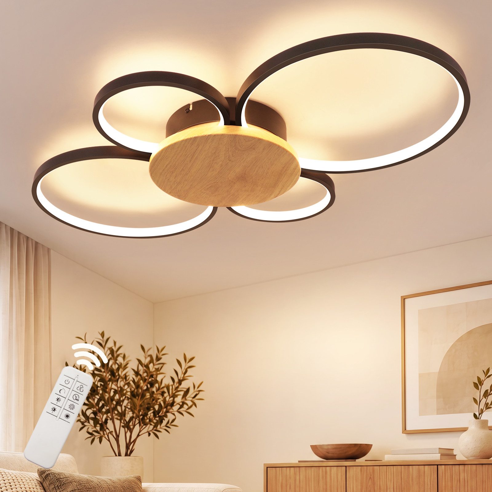 ZMH LED Deckenleuchte Schwarzer Rahmen, Holzmaserungsdekor, modern, dimmbar, LED fest integriert, 4 kreisförmige Ringe, 47W, mit Fernbedienung, für Wohnen & Schlafen.