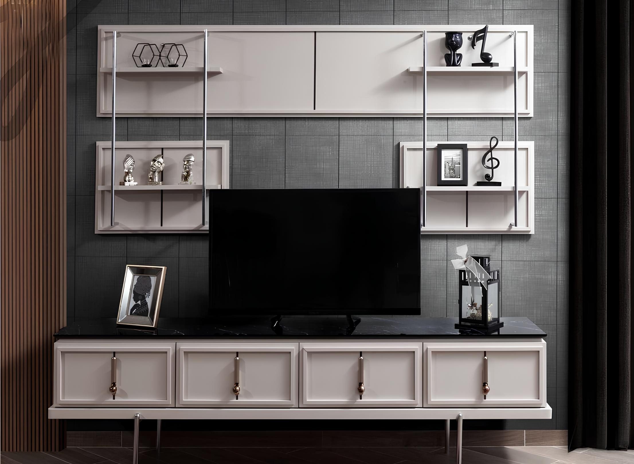 Wohnwand Weißer TV-Schrank mit Wandregal aus Holz und Metall für das Wohnzimmer
