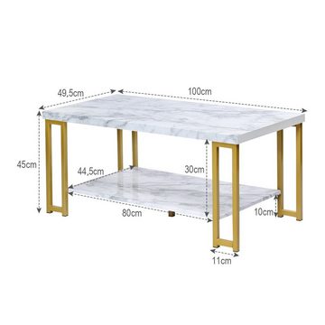 COSTWAY Couchtisch Beistelltisch, Marmor Optik, mit Ablage, 100x49,5x45cm