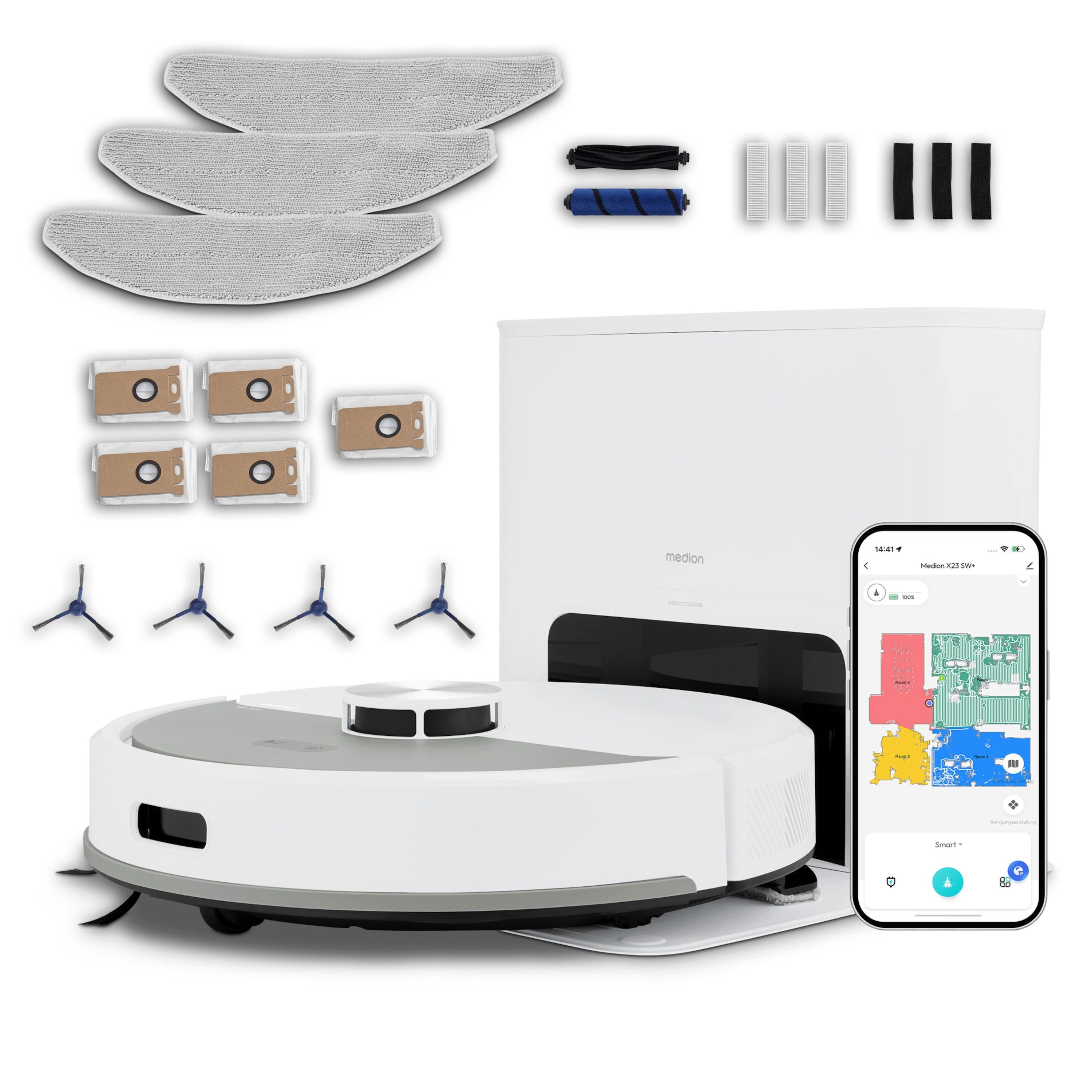 Medion® Saugroboter Smarter Saugroboter mit Wischfunktion und Absaugstation X23 SW+, beutellos, X23SW+