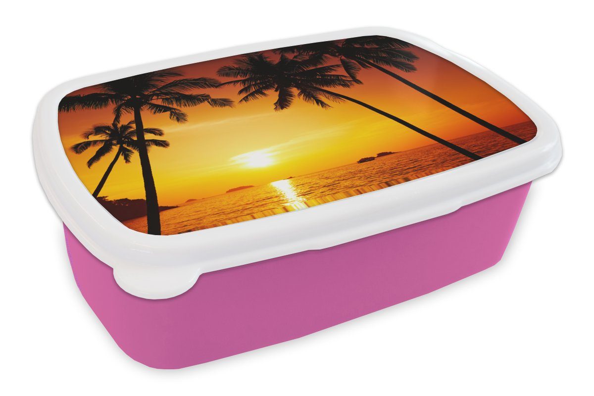 MuchoWow Lunchbox Palme - Sonnenuntergang - Strand - Orange - Tropisch, Kunststoff, (2-tlg), Brotbox für Erwachsene, Brotdose Kinder, Snackbox, Mädchen, Kunststoff rosa