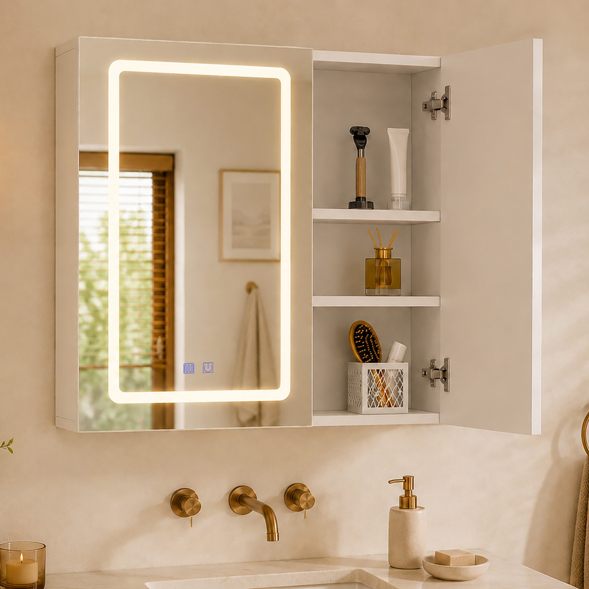 PXloue Badezimmerspiegelschrank mit licht Spiegelschrank bad mit beleuchtung (Einstellung der warmen und kalten Farbtemperatur 3000/4500/6400K) inkl. LED-Beleuchtung, Stecker, Touchschalter, Beschlagfrei