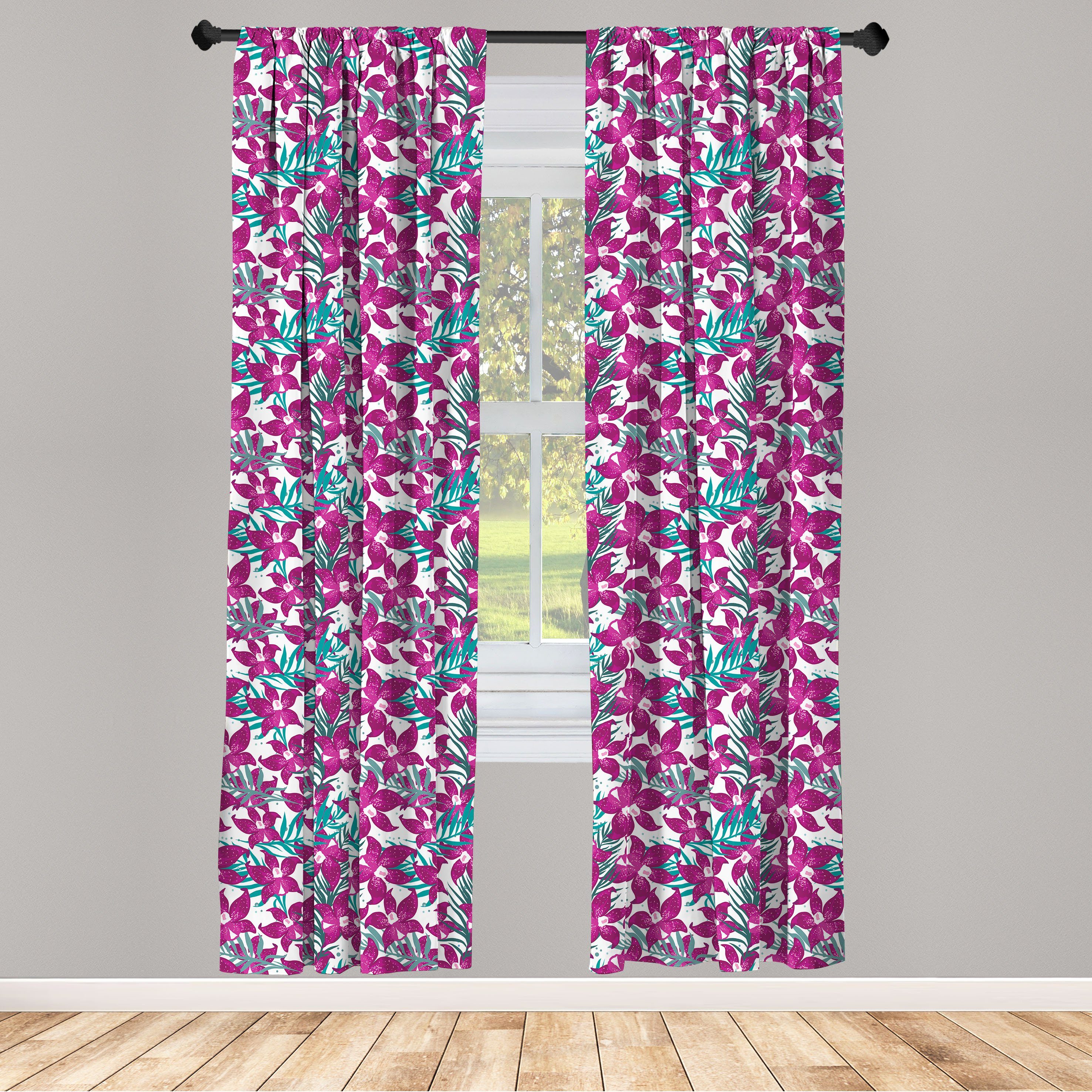 Gardine Vorhang für Wohnzimmer Schlafzimmer Dekor, Abakuhaus, Microfaser, Dunkelpink Orchideen-Blumen Exotische